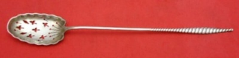 Whiting Sterling Silver 9 Inch Olive Spoon Oval Twist Pattern: Whiting Sterling Silver 9 Inch Olive Spoon Oval Twist Pattern This elegant Olive Spoon features the classic Oval Twist pattern by Whiting. Crafted from high-quality sterling silver, this long pierced