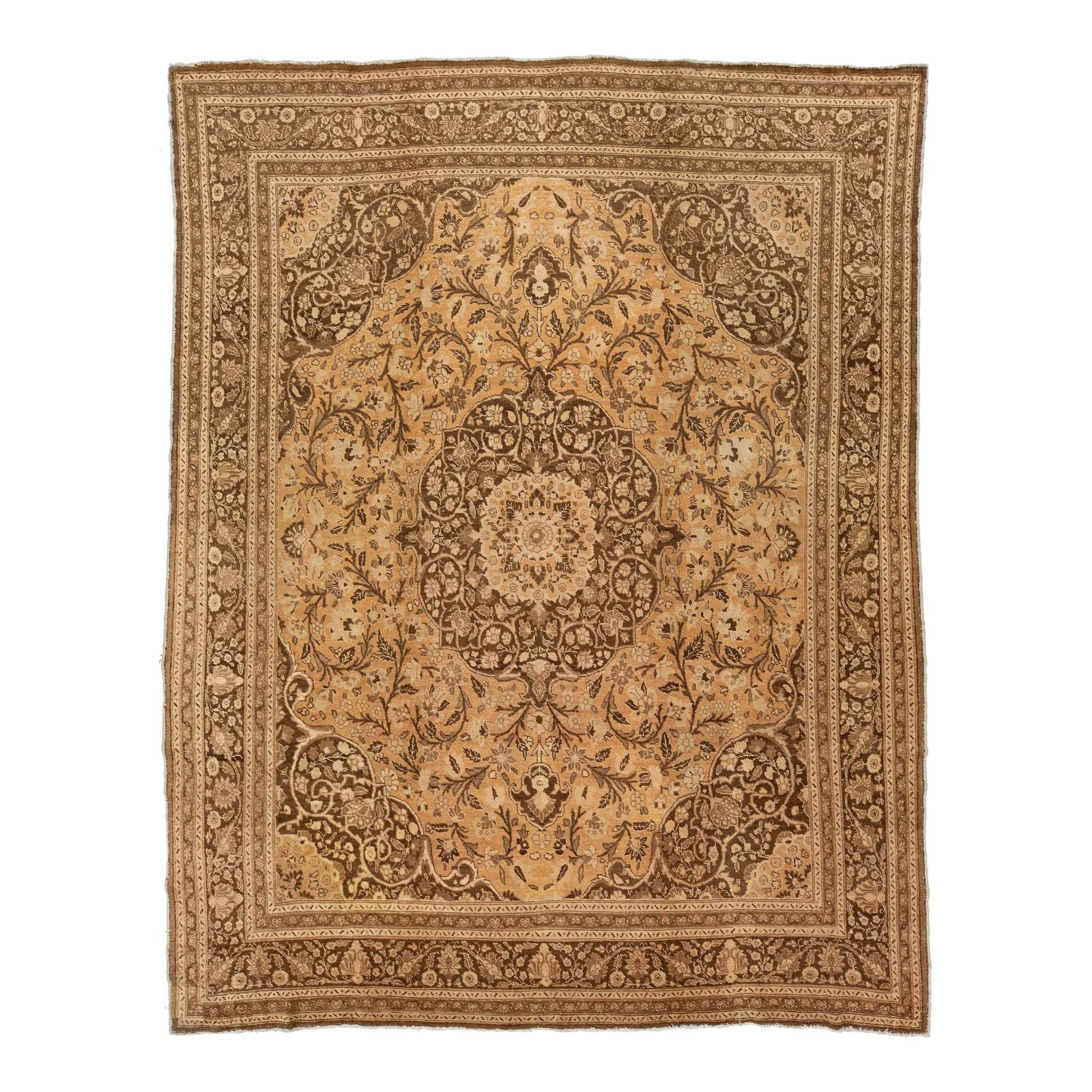 Vintage Tabriz Handmade Wool Rug 9'8 x 12'5 Tan Medallion Design: Vintage Tabriz Handmade Wool Rug 9'8 x 12'5 Tan Medallion Design Enhance your living space with this exquisite vintage hand-knotted Tabriz wool rug, featuring a beautiful tan field adorned with intric