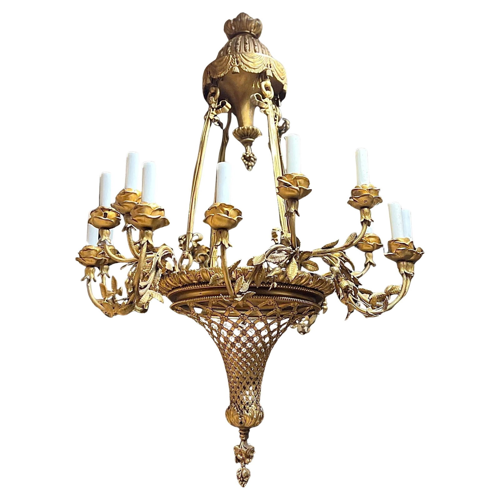 French Louis XVI Gilt Bronze Chandelier With 16 Electrified Candle Arms: French Louis XVI Gilt Bronze Chandelier With 16 Electrified Candle Arms This late 19th century gilt bronze chandelier is crafted in the French Louis XVI style, featuring an elegant basket form and 16