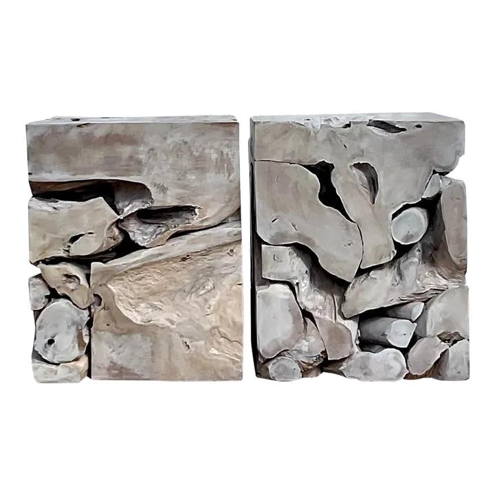 Vintage Boho Wood Puzzle Side Tables Pair Alabaster (1 of 5)