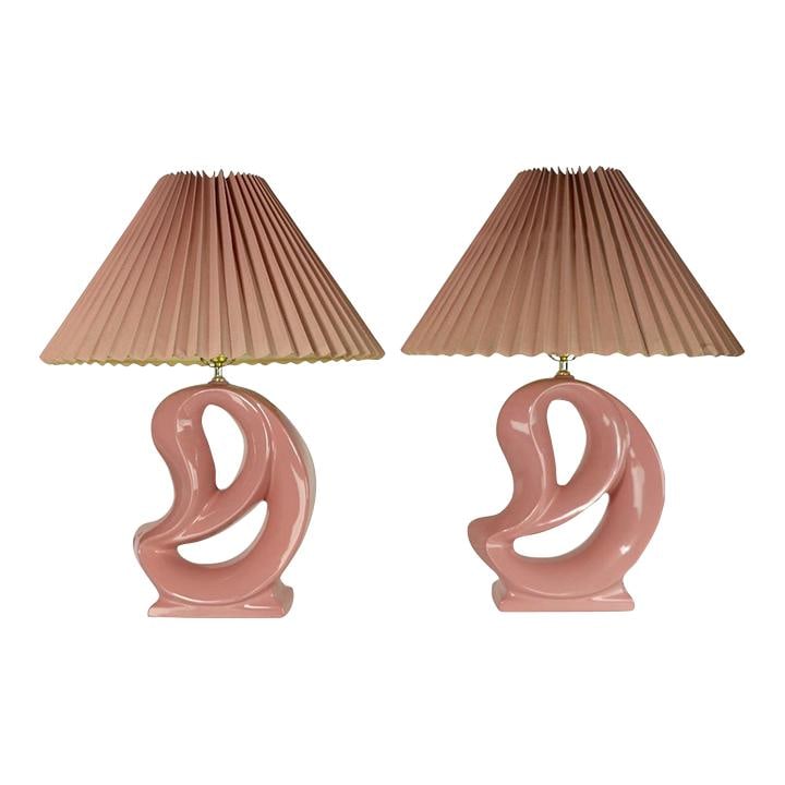 1980s Mauve Ceramic Table Lamps with Pleated Shades - Pair (1 of 10)
