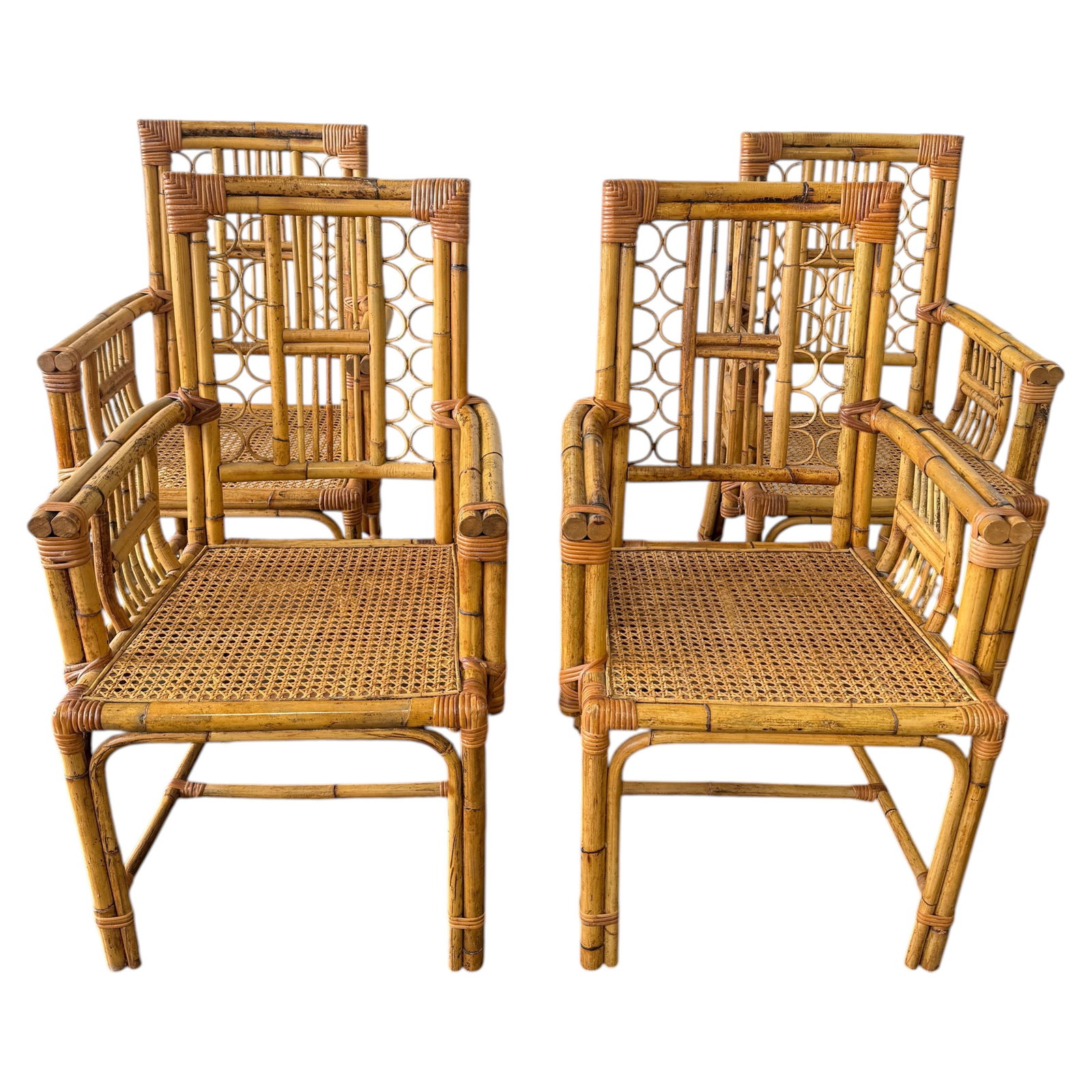 Set of 4 Bamboo and Rattan Midcentury Armchairs by Calif-Asia and Cartel: Set of 4 Bamboo and Rattan Midcentury Armchairs by Calif-Asia and Cartel This set includes four mid-century armchairs crafted in the Philippines by Calif-Asia and Cartel. Made from natural bamboo with