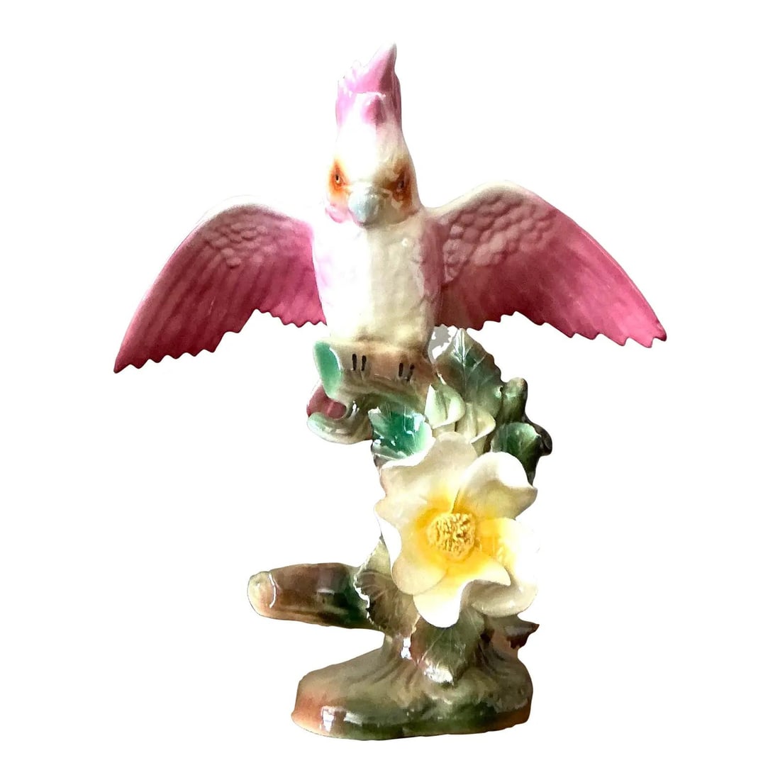 Hollywood Regency Magenta Pink Glazed Ceramic Bird Figurine with Magnolia Blossoms (1 of 7)