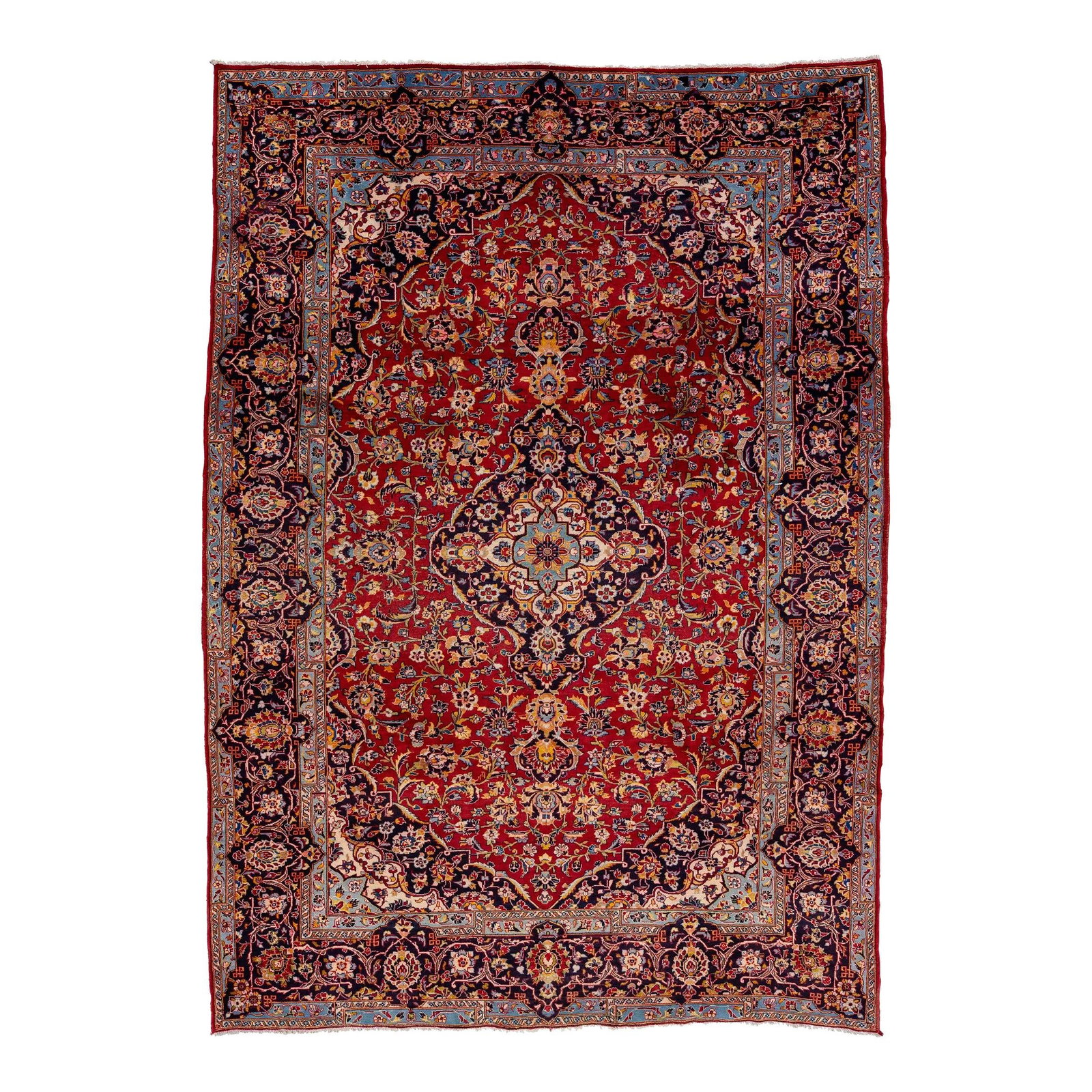 Handmade Persian Kashan Wool Rug Medallion Design Red 8'2 x 11'5: Handmade Persian Kashan Wool Rug Medallion Design Red 8'2 x 11'5 This exquisite Handmade Vintage Kashan Wool Rug features a stunning medallion design accented with multicolor hues against a rich red f
