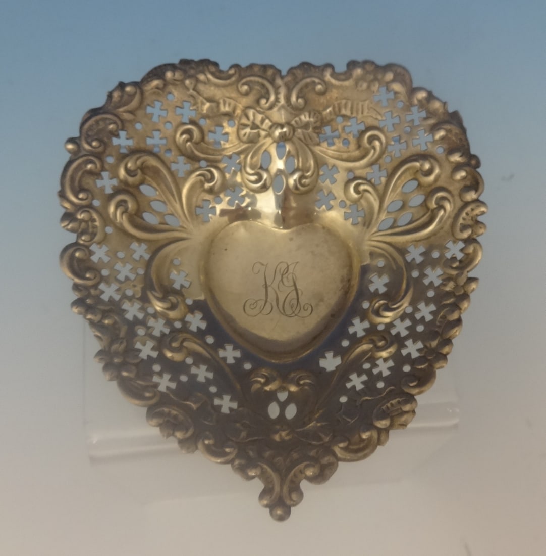 Gorham Chantilly Sterling Silver Heart Candy Dish 1895 Monogram KJ (1 of 5)
