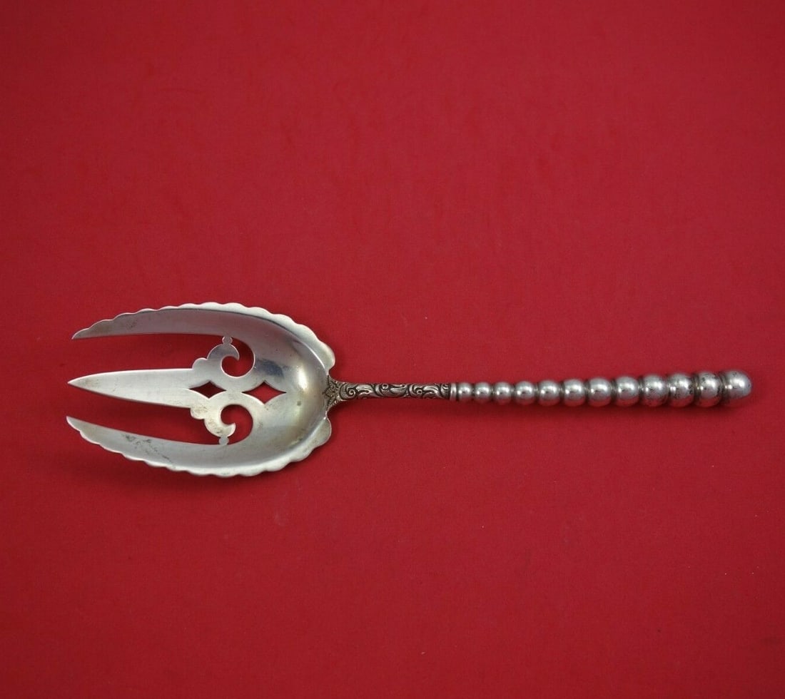 Dominick and Haff Sterling Silver Salad Serving Fork 9 1/8" Beaded Design Monogrammed (1 of 2)