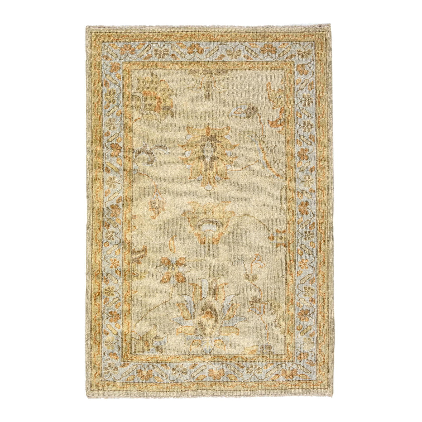 Handmade Turkish Oushak Wool Rug 3'6 x 5'2 Floral Design Beige: Handmade Turkish Oushak Wool Rug 3'6 x 5'2 Floral Design Beige Enhance your space with this exquisite handmade Turkish Oushak wool rug, showcasing a charming floral motif in a modern palette of beige,