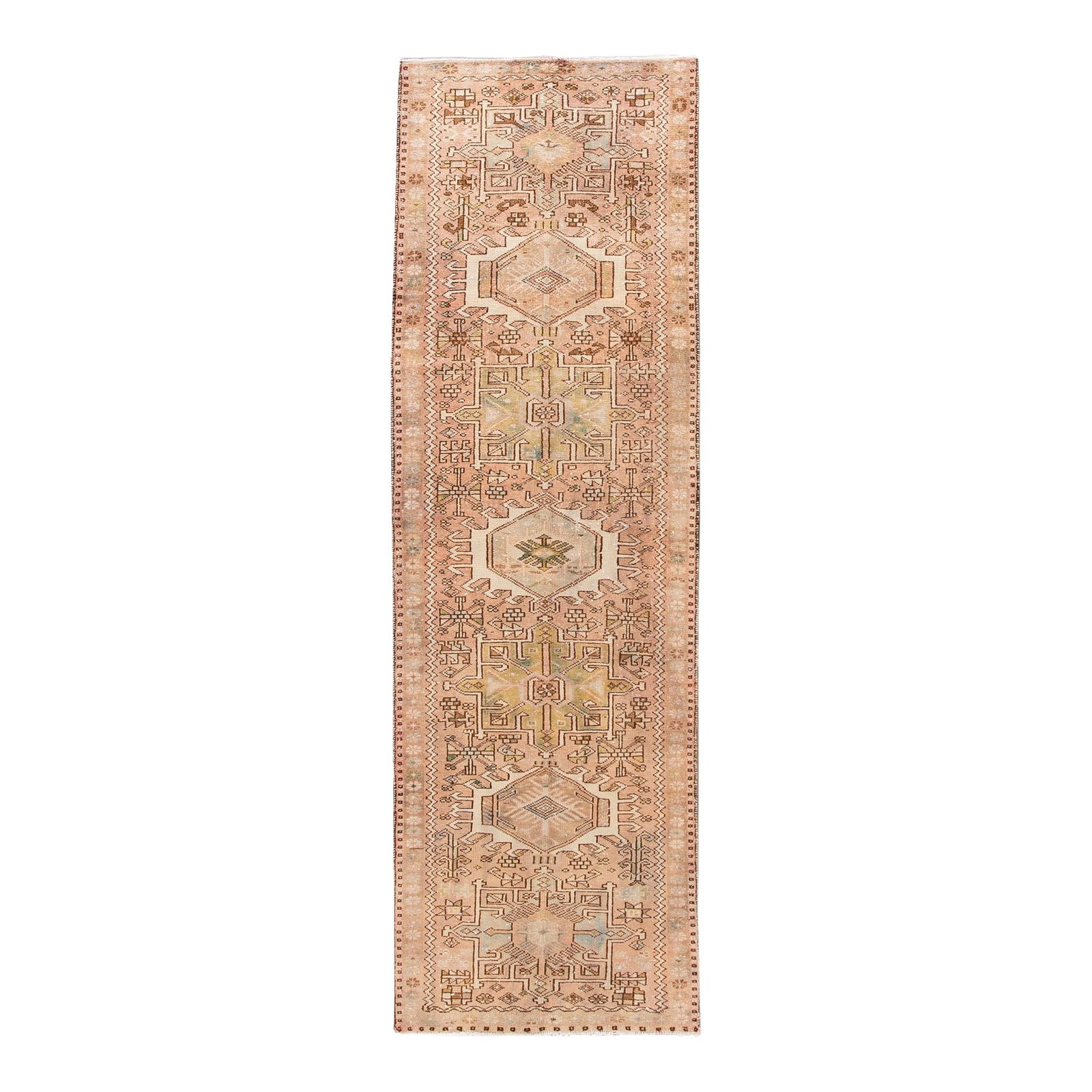 Vintage Persian Heriz Wool Runner 3'3 x 10'8 Beige Tribal Design: Vintage Persian Heriz Wool Runner 3'3 x 10'8 Beige Tribal Design This exquisite vintage Persian Heriz handmade wool runner features a warm beige color field adorned with multicolor accents in a captiv