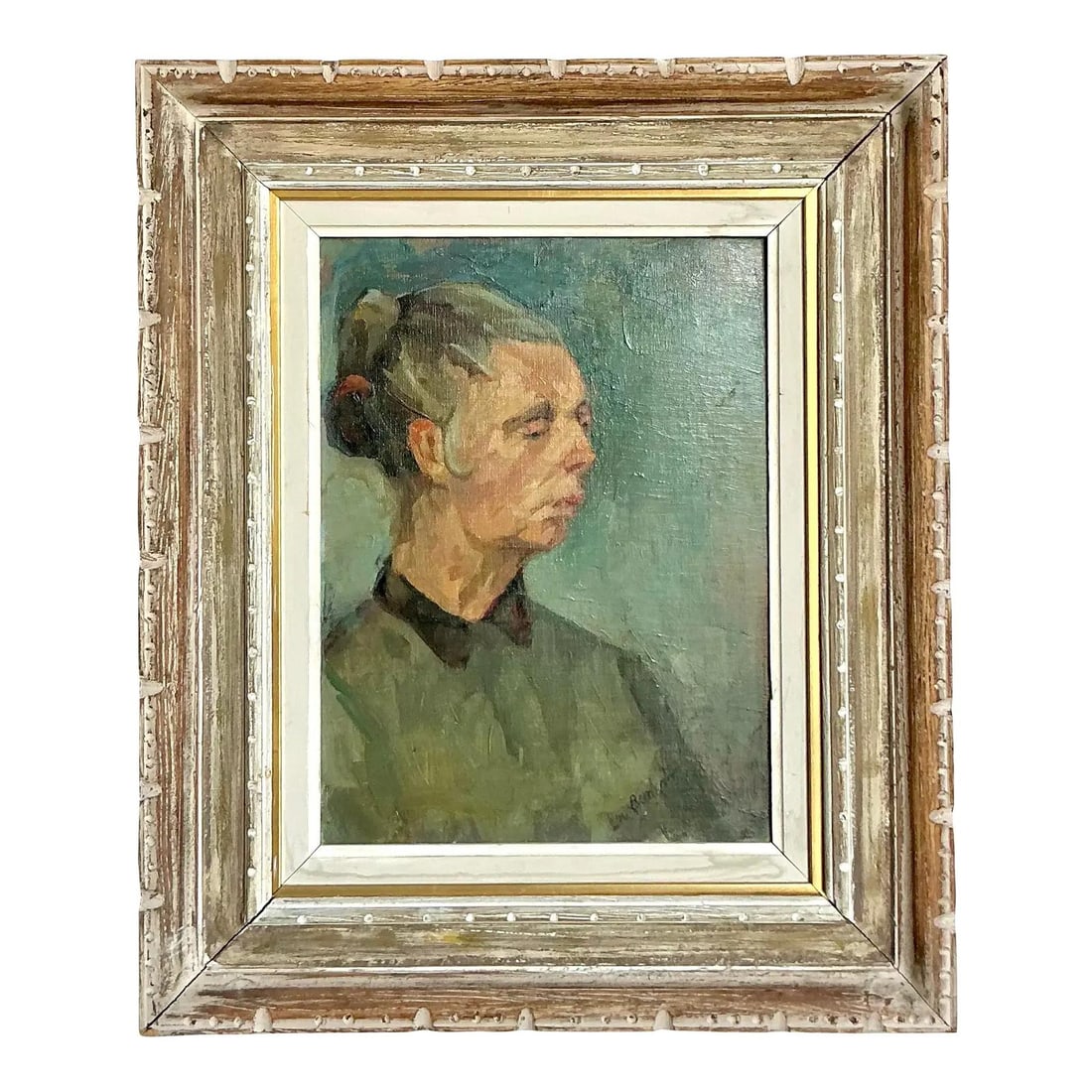 Oil Painting Portrait of Older Woman in Gilt Distressed Frame: Oil Painting Portrait of Older Woman in Gilt Distressed Frame This vintage oil painting features an expressive profile portrait of an older woman, created with thick impasto brushstrokes in a muted pa
