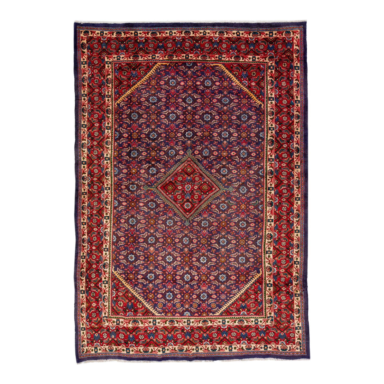 Vintage Persian Mahal Handmade Red Wool Rug 7'3 x 10'7: Vintage Persian Mahal Handmade Red Wool Rug 7'3 x 10'7 This stunning vintage Persian Mahal rug showcases exquisite hand-knotting and features a vibrant red field adorned with a multicolor all-over med