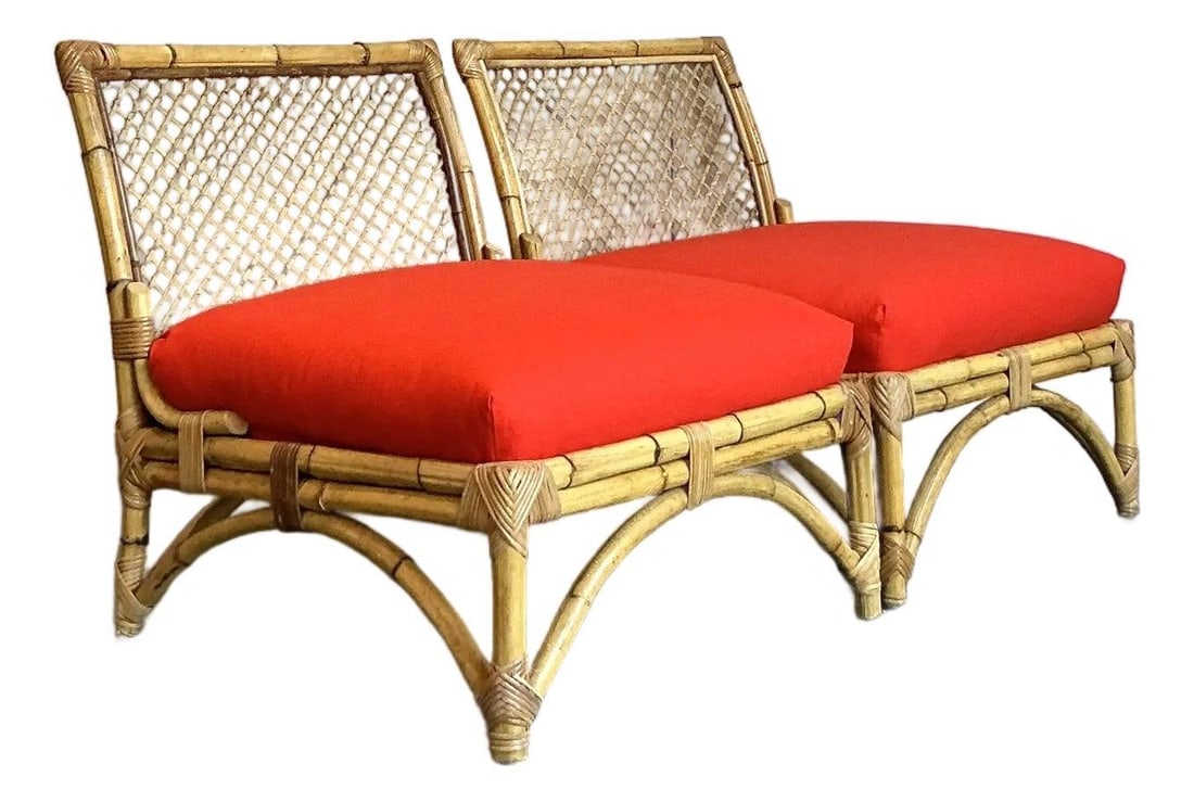 Chic Vintage Rattan Slipper Chairs Pair with Red Cushions (1 of 10)