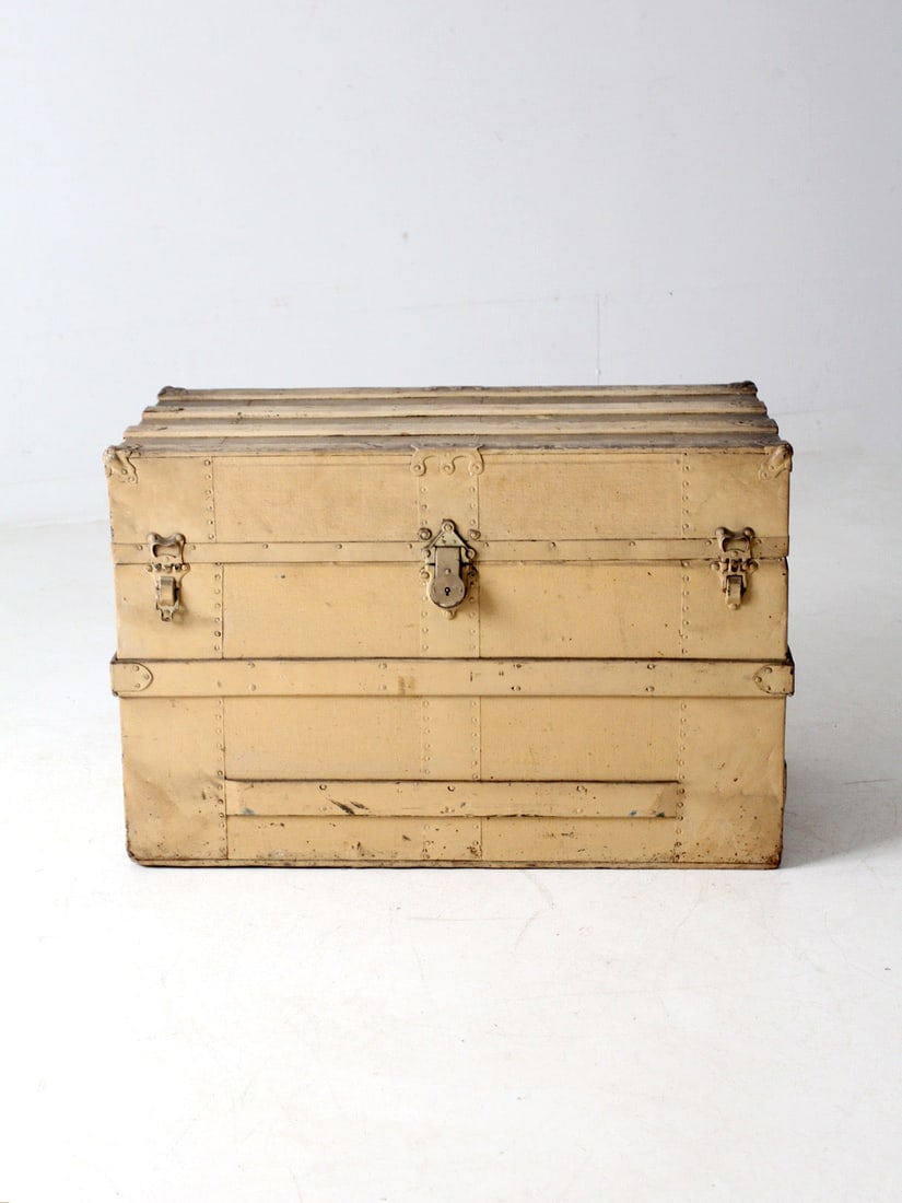 Vintage Wooden Steamer Trunk with Slatted Top and Metal Accents (1 of 18)
