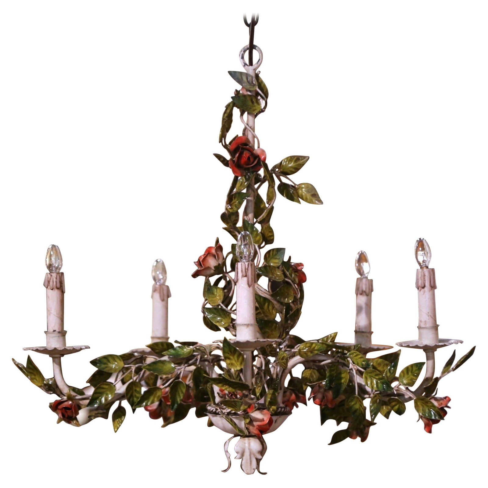 Circa 1920 French Hand-Painted Five-Light Chandelier with Floral Motifs (1 of 6)