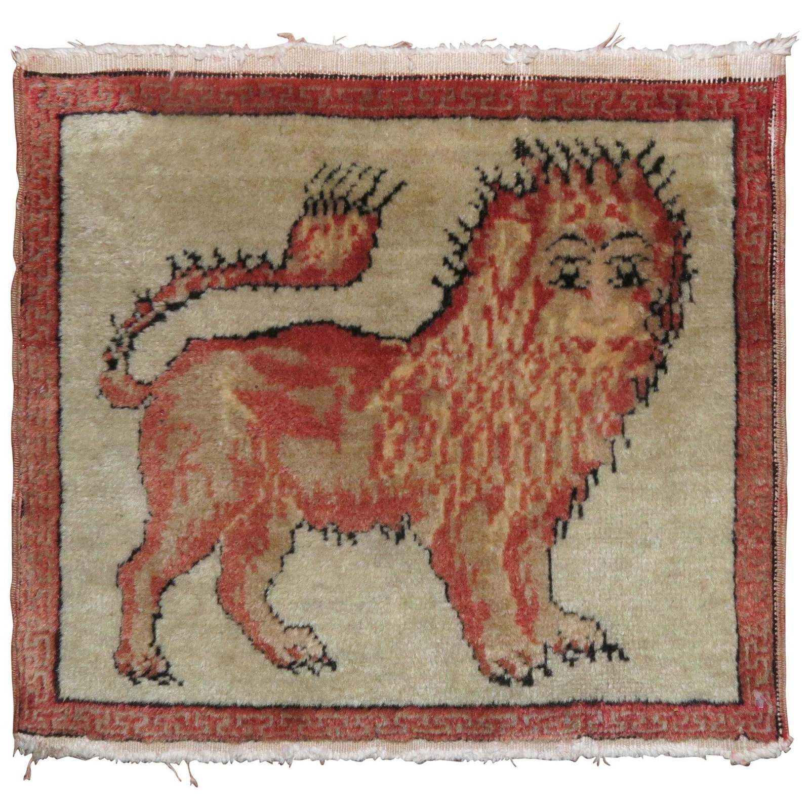 Antique Lion Khotan Rug Mat Hand-Woven Wool Folk Art Turkey 14 x 15 (1 of 6)