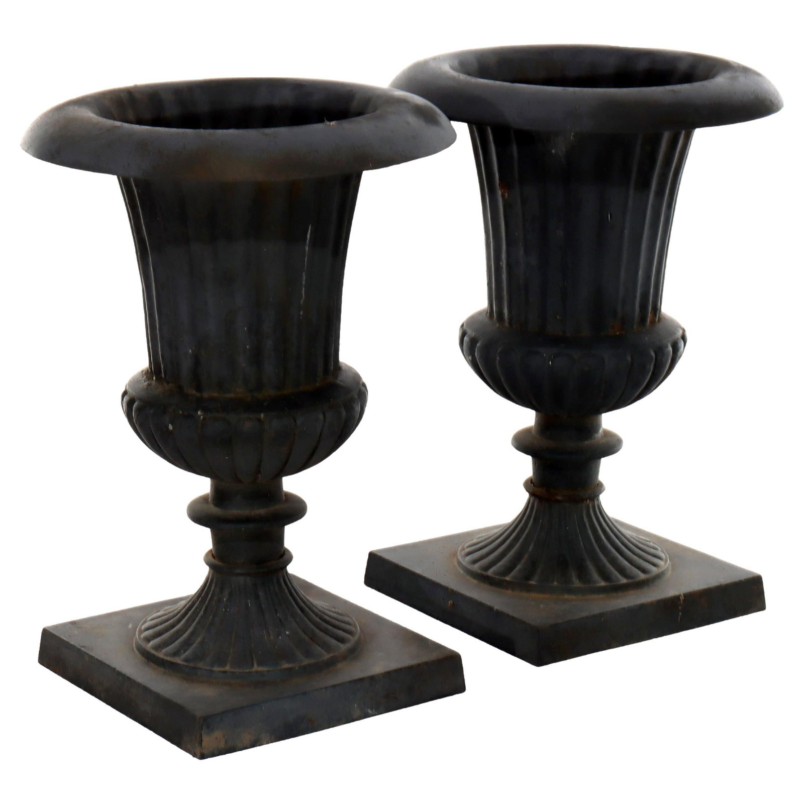 Set of 2 Early 20th Century Cast Iron Melon Ribbed Garden Urns (1 of 10)