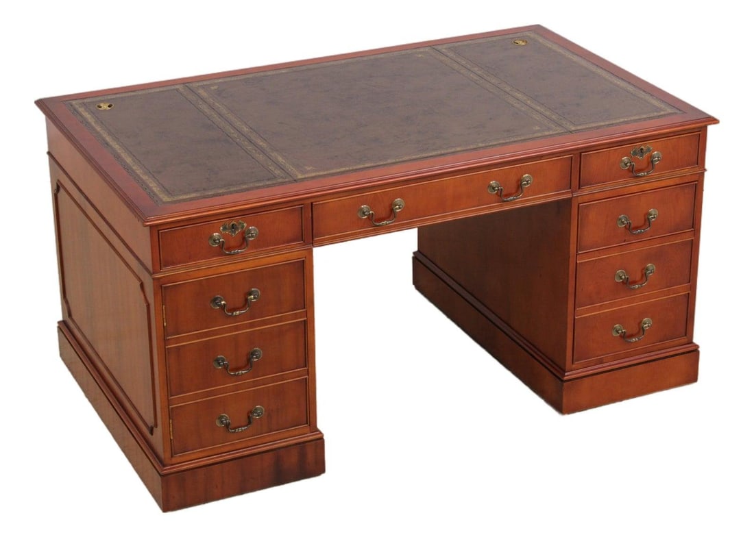 English Style Yew Desk With Tooled Leather Top and Brass Accents (1 of 10)