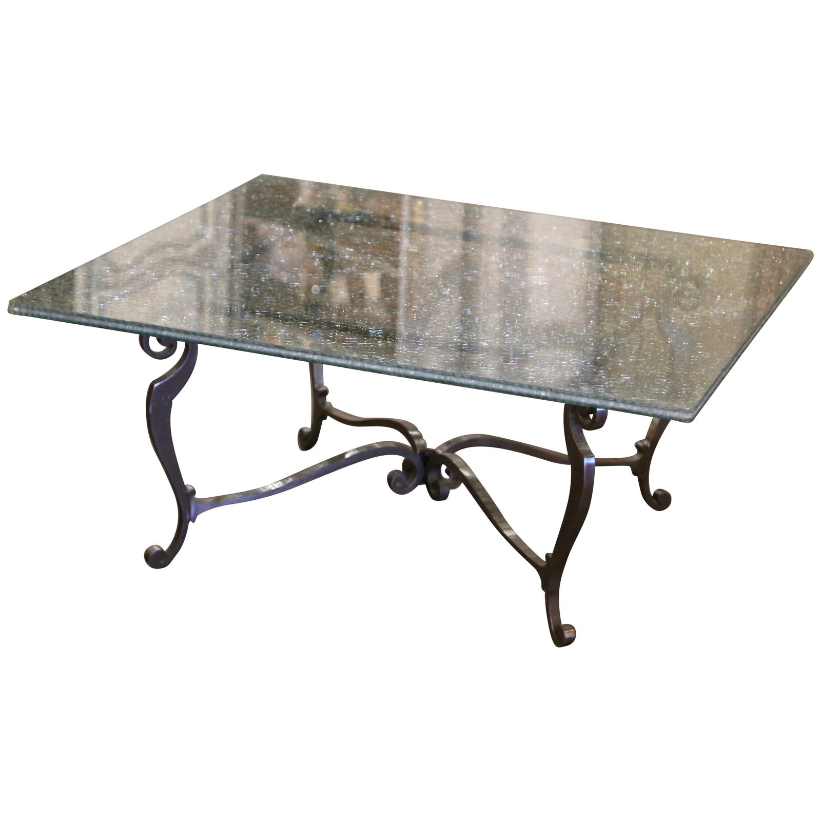Gothic Vintage Coffee Table with Crackle Glass Top and Iron Base: Gothic Vintage Coffee Table with Crackle Glass Top and Iron Base This vintage crackle glass coffee table is a striking addition to any living space. Featuring a square design, it stands on four elegan