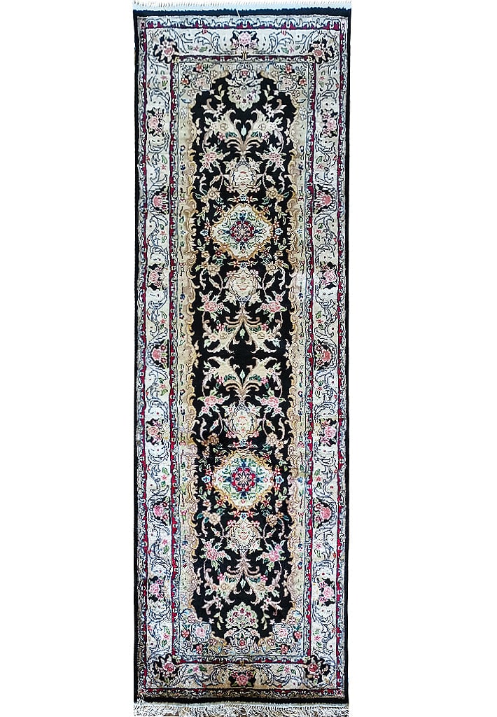 8' Hand-Knotted Bamboo Silk Runner in Black 2.6' Wide: 8' Hand-Knotted Bamboo Silk Runner in Black 2.6' Wide Free continental US Shipping Enhance your home with the luxurious 8' Black Hand-Knotted Bamboo Silk Runner. This exquisite piece combines a deep b