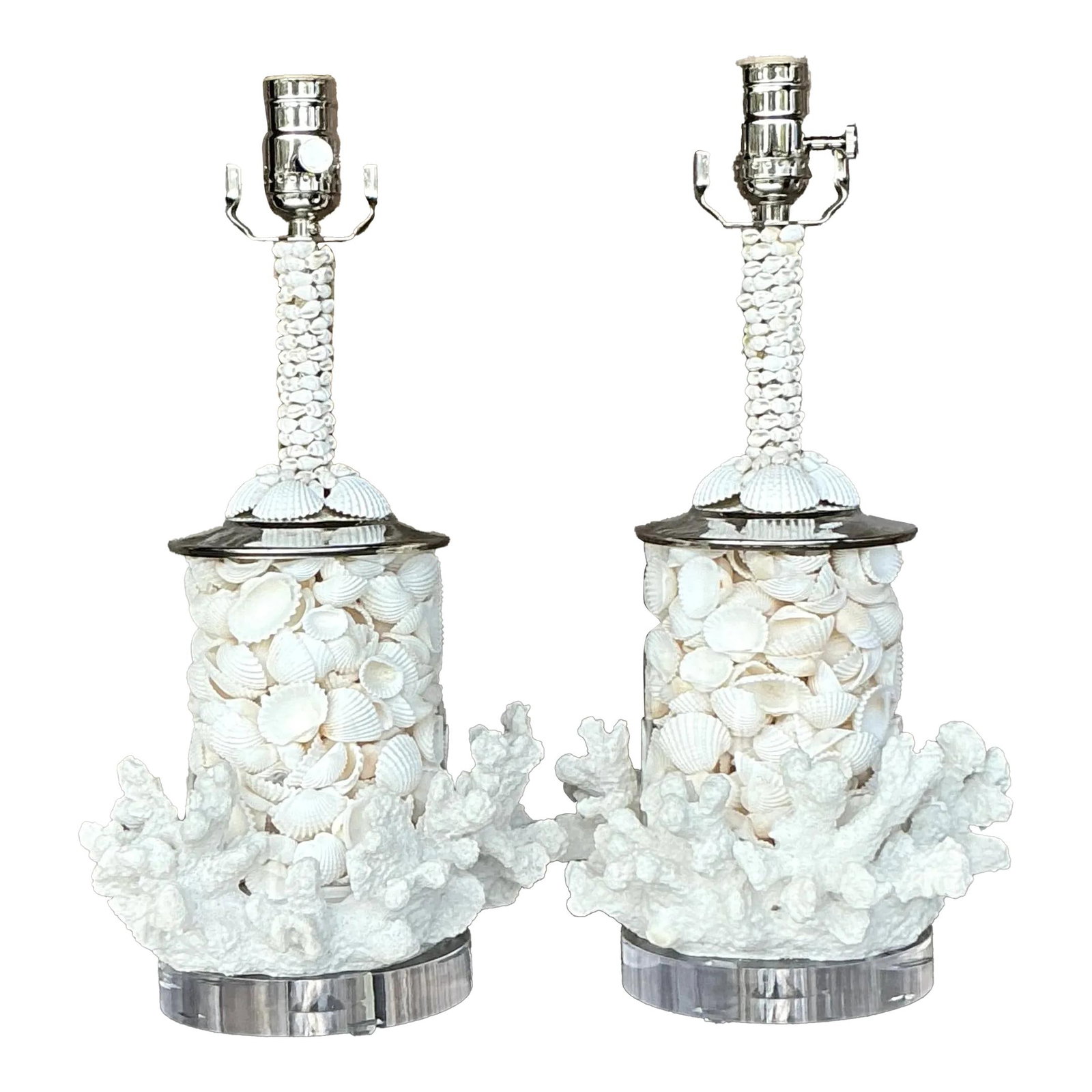 Coastal Vintage Faux Coral and Shell Lamps Pair 16" Off-white (1 of 6)