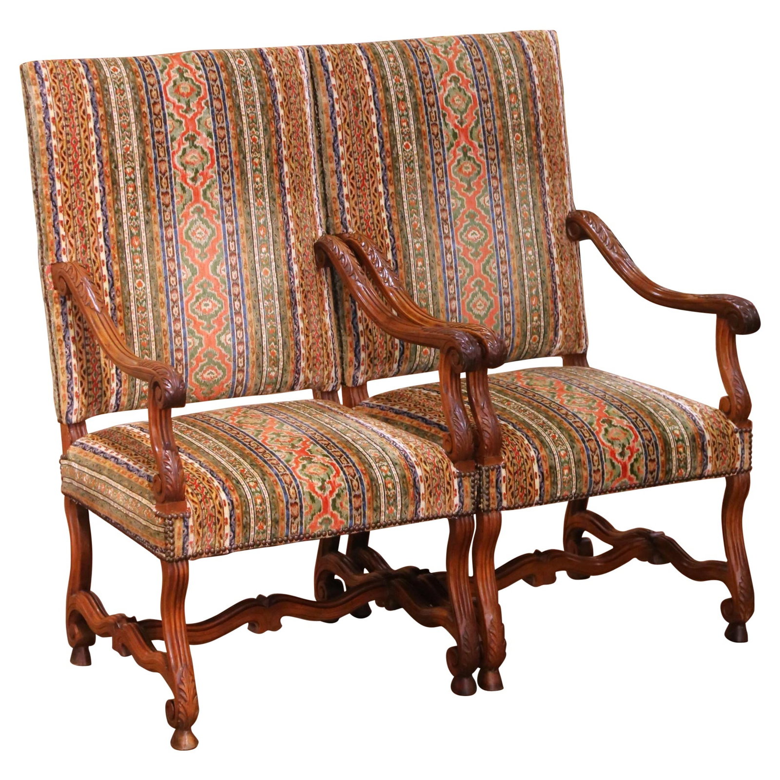 Set of Two Louis XIII Style French Walnut Armchairs With Striped Upholstery Circa 1880: Set of Two Louis XIII Style French Walnut Armchairs With Striped Upholstery Circa 1880 This elegant pair of late 19th century French Louis XIII armchairs is crafted from solid walnut and features hand