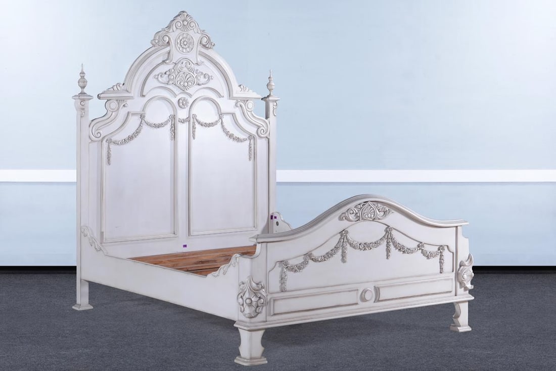 Elegant Victorian Queen Bed with Tall Headboard in Old Lace White (1 of 6)