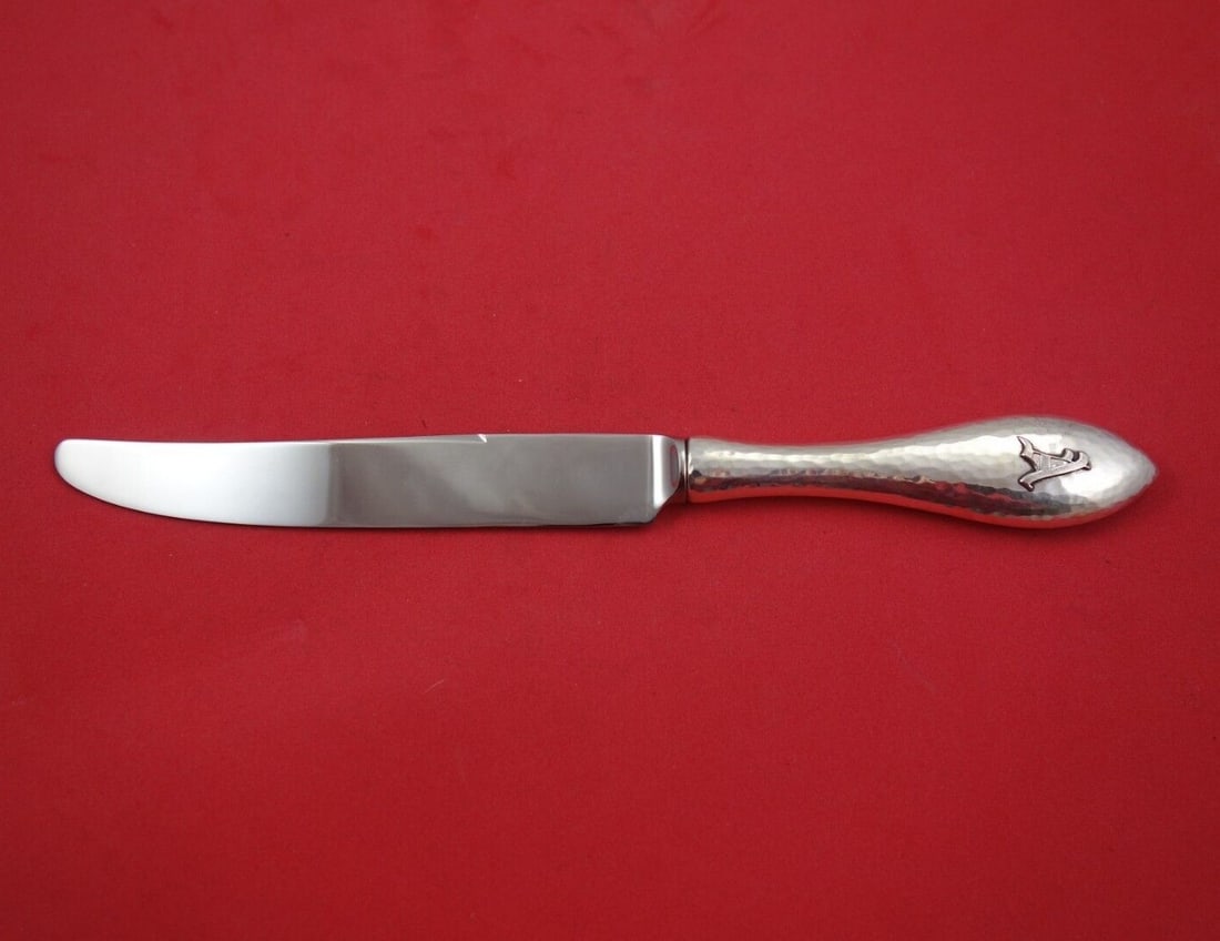 Shreve Antique Hammered Sterling Silver Dinner Knife Monogram A 9 3/4in: Shreve Antique Hammered Sterling Silver Dinner Knife Monogram A 9 3/4in This exquisite dinner knife features a sterling silver hollow handle with a stainless steel blade, beautifully designed in the A