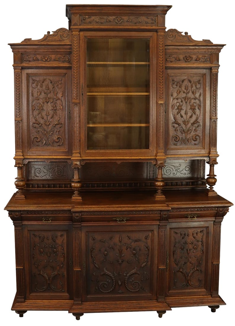 Antique 1900 French Oak Buffet with Glass Showcase Renaissance Style (1 of 18)