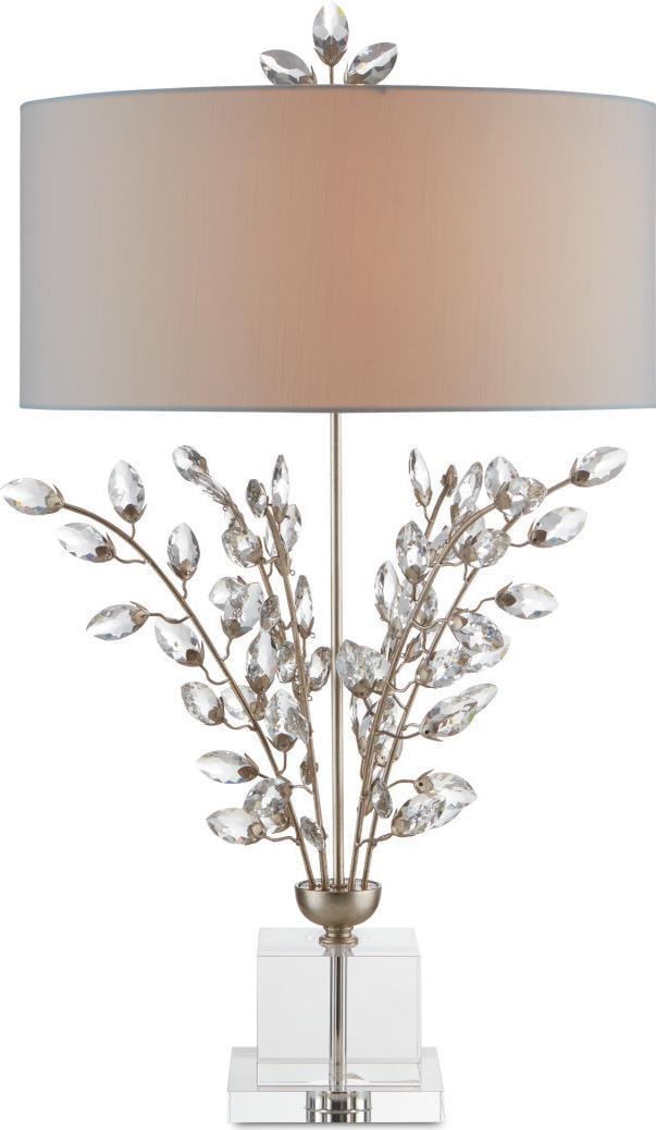 Currey Forget-Me-Not Crystal Silver Accent Lamp 33.75 Inch: Currey Forget-Me-Not Crystal Silver Accent Lamp 33.75 Inch Illuminate your space with this sophisticated table lamp featuring a stunning blend of crystal and silver accents. The lamp stands at a heigh