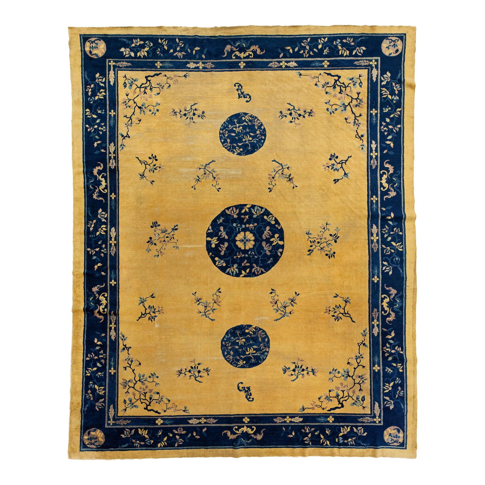 1920s Antique Peking Chinese Wool Rug Goldenrod with Navy Accents (1 of 10)