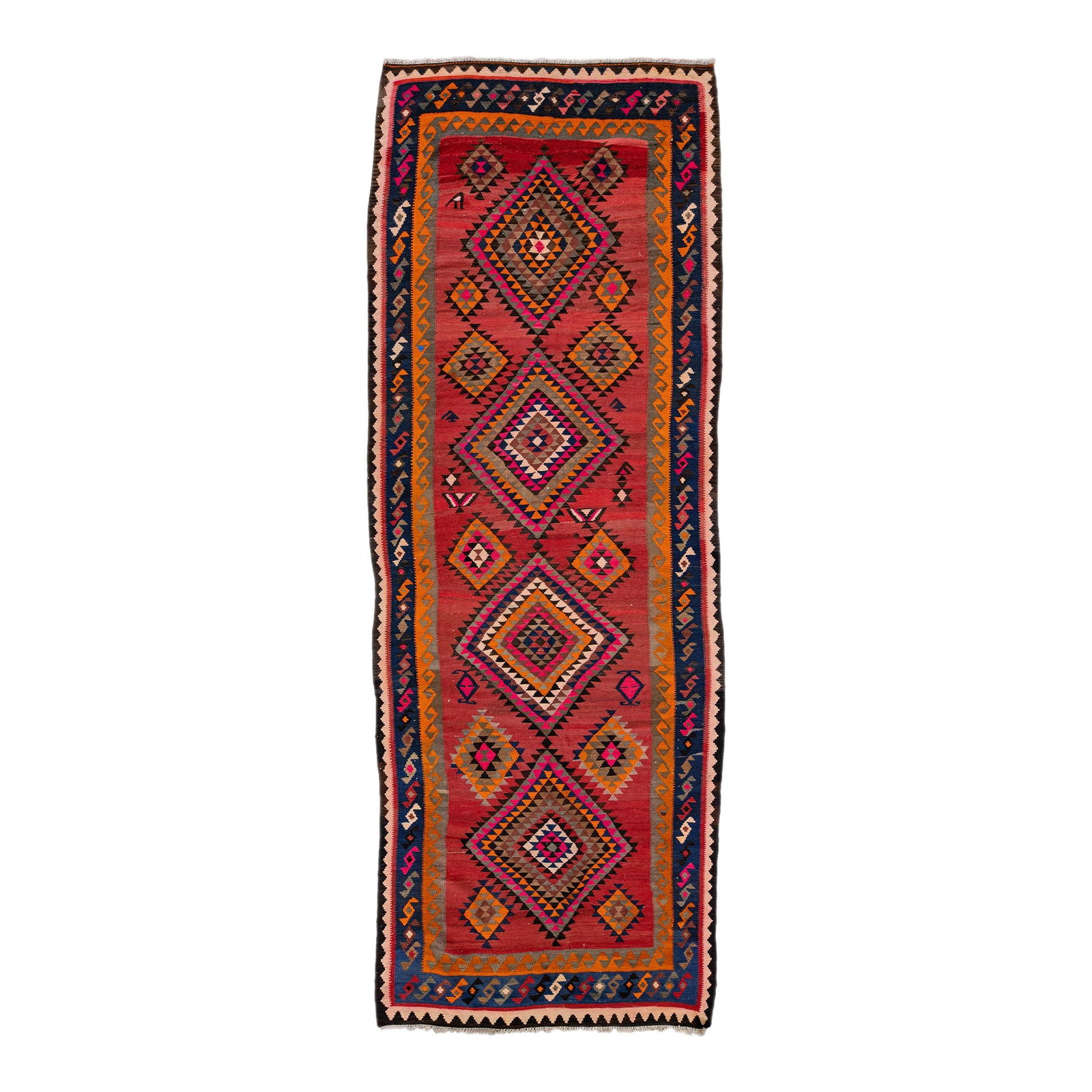 Vintage Turkish Kilim Wool Runner Red Multicolor Tribal Design 5'3" x 14'10": Vintage Turkish Kilim Wool Runner Red Multicolor Tribal Design 5'3" x 14'10" Enhance your space with this stunning vintage Turkish Kilim runner, meticulously hand-knotted from premium wool. Featuring
