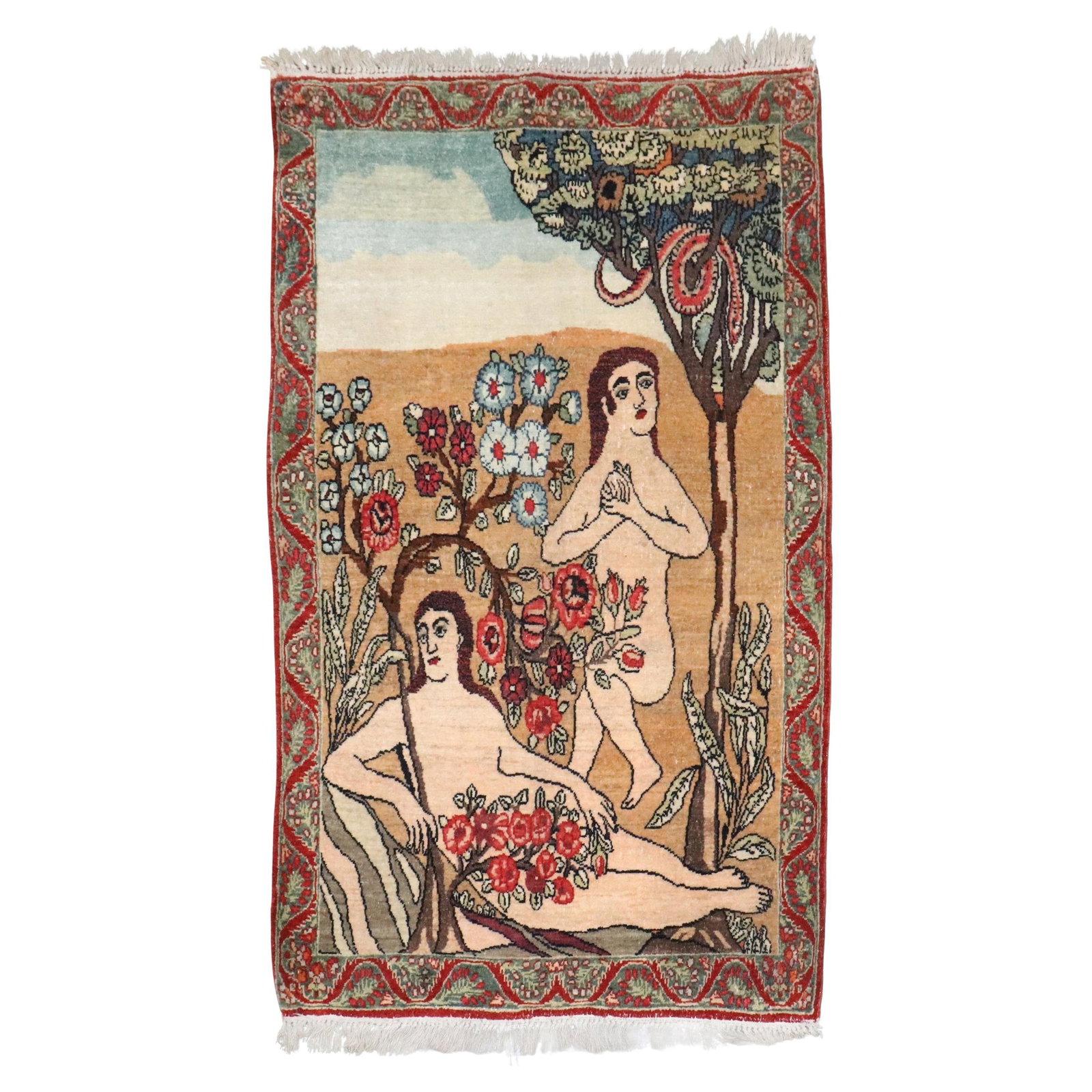 Vintage Persian Lavar Kerman Adam and Eve Pictorial Rug 25 x 40 (1 of 6)