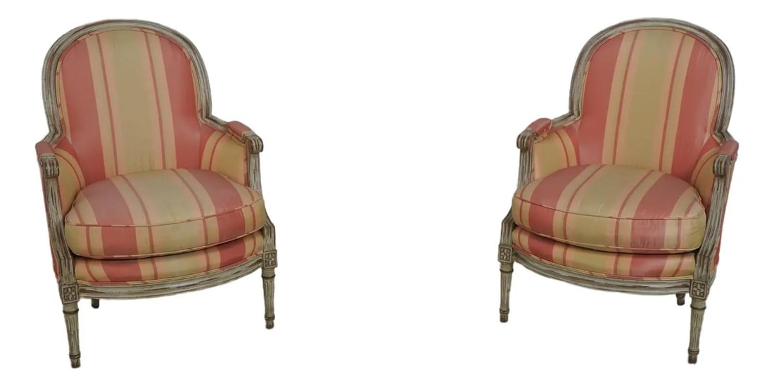 Set of 2 French Louis XVI Style Upholstered Bergere Armchairs: Set of 2 French Louis XVI Style Upholstered Bergere Armchairs This pair of Baker French Louis XVI style bergere chairs features high-quality construction and a beautifully painted decorative finish. T