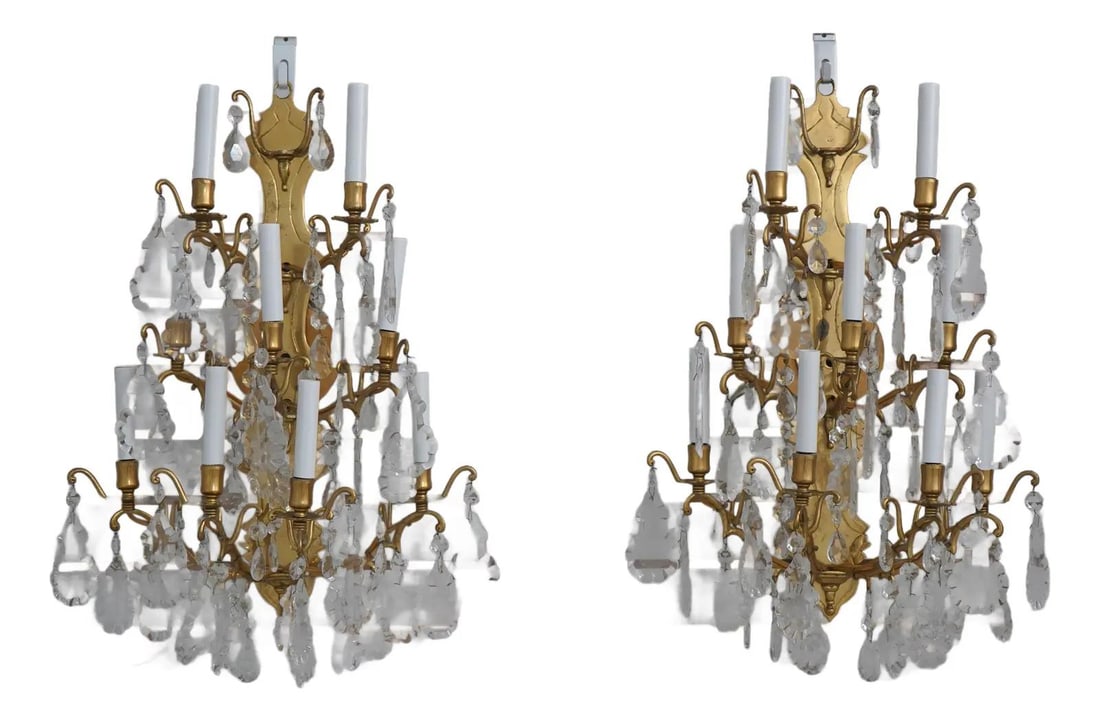 Vintage 1930s Brass Crystal 9 Arm Wall Sconces Pair (1 of 10)