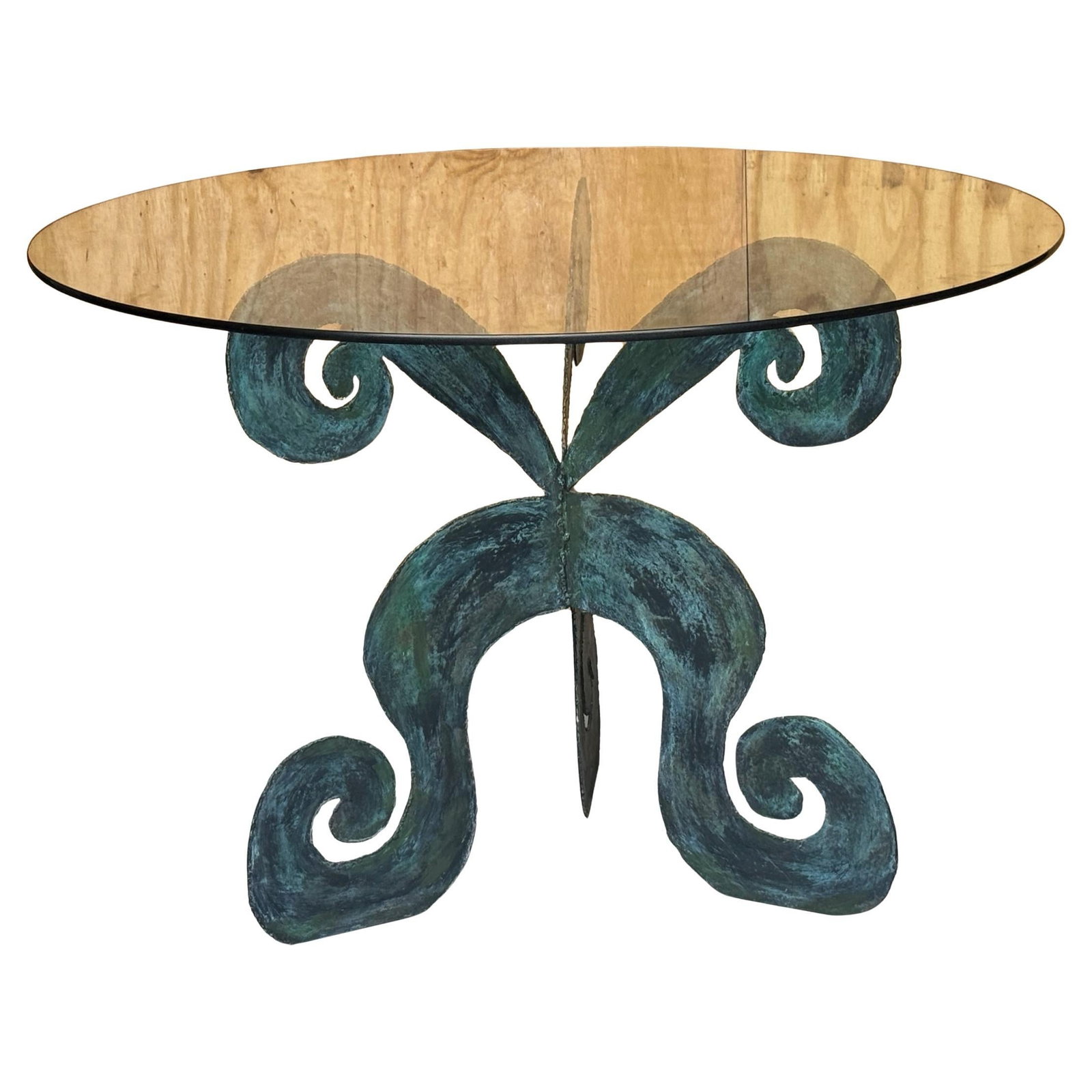French Modern Bronze Tripartite Scroll Table with Glass Top 1980s (1 of 8)