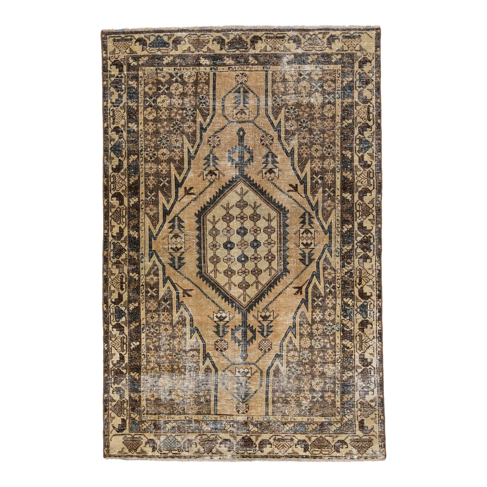 Vintage Persian Handmade Wool Rug 4' x 6'3' Medallion Design: Vintage Persian Handmade Wool Rug 4' x 6'3' Medallion Design This exquisite Vintage Persian rug showcases a beautifully distressed hand-knotted wool construction, highlighted by a rich brown field. Th