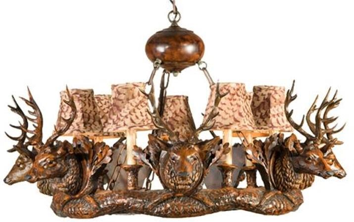 Rustic Lodge Stag Head Bowl Chandelier with Feather Shades: Rustic Lodge Stag Head Bowl Chandelier with Feather Shades Illuminate your space with this stunning Rustic Stag Head Chandelier, designed to enhance lodge-style decor. This unique bowl chandelier feat