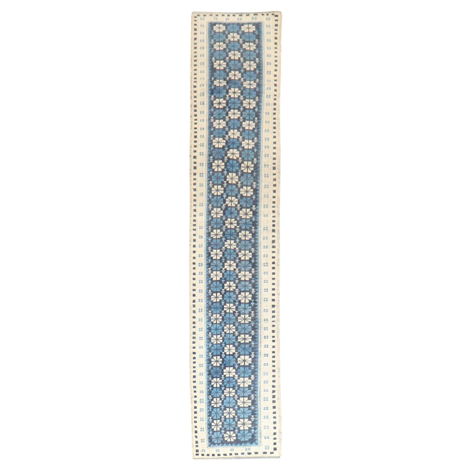 20 x 97 Inch Wool Turkish Blue and White Geometric Runner Rug: 20 x 97 Inch Wool Turkish Blue and White Geometric Runner Rug Discover a stunning mid-20th century Turkish runner that seamlessly blends vintage charm with modern style. This narrow geometric design f