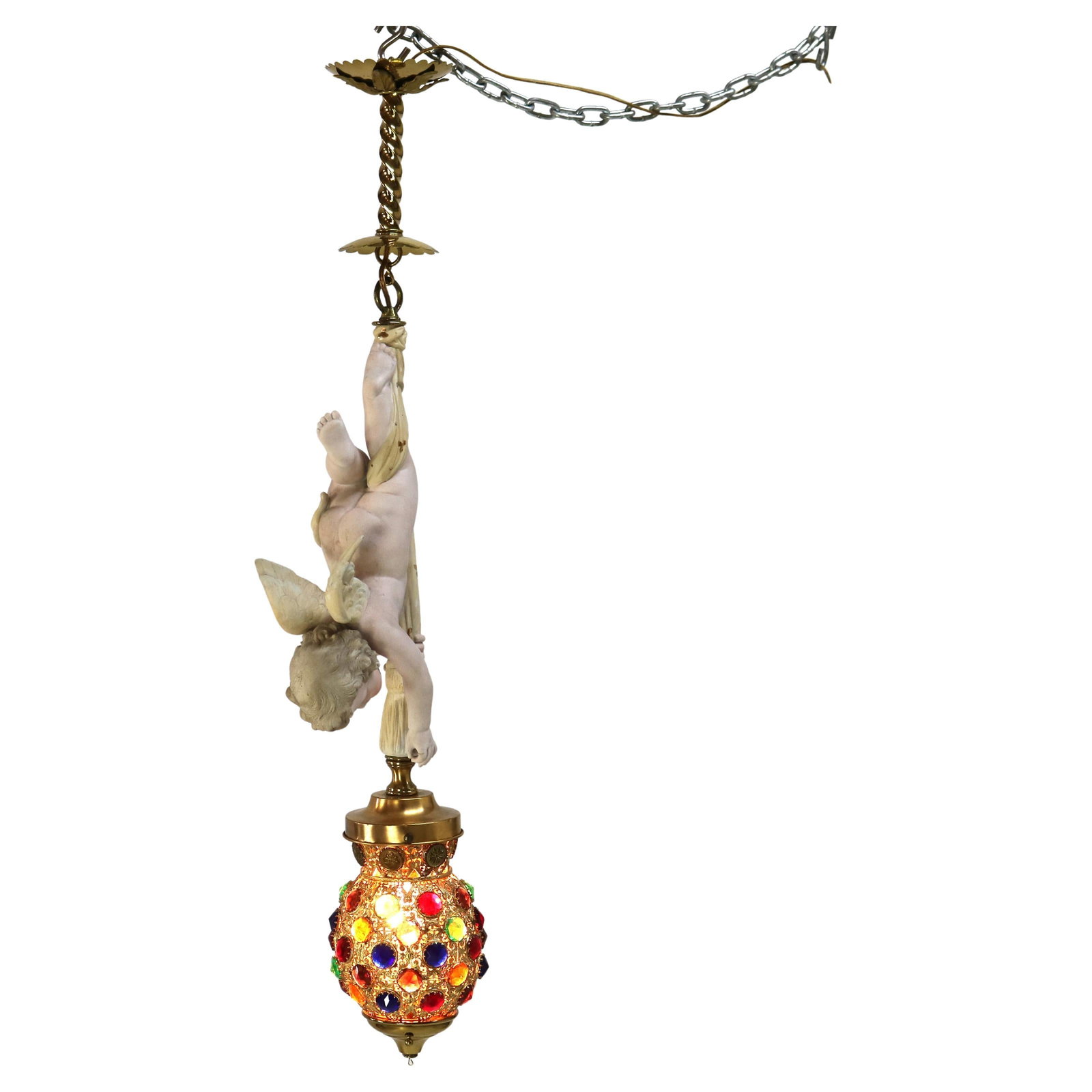 Gilt Bronze and Bisque Cupid Pendant Lamp with Jeweled Glass Shade (1 of 16)