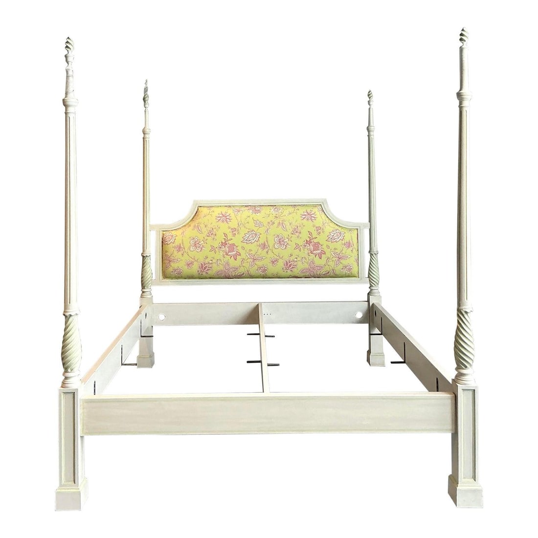 King Size Italian Patinated Wood Poster Bed With Carved Floral Upholstered Headboard (1 of 6)