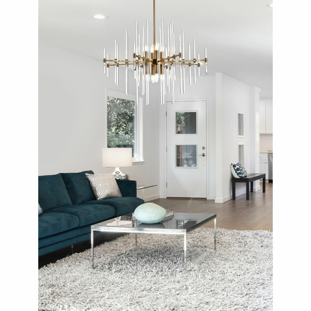 Sienna Modern Gold Chandelier with Glass Rods 8-Light 30.7in Adjustable Fixture: Sienna Modern Gold Chandelier with Glass Rods 8-Light 30.7in Adjustable Fixture This modern Sputnik-style chandelier features a gold finish frame with clear glass rods, creating a striking focal point