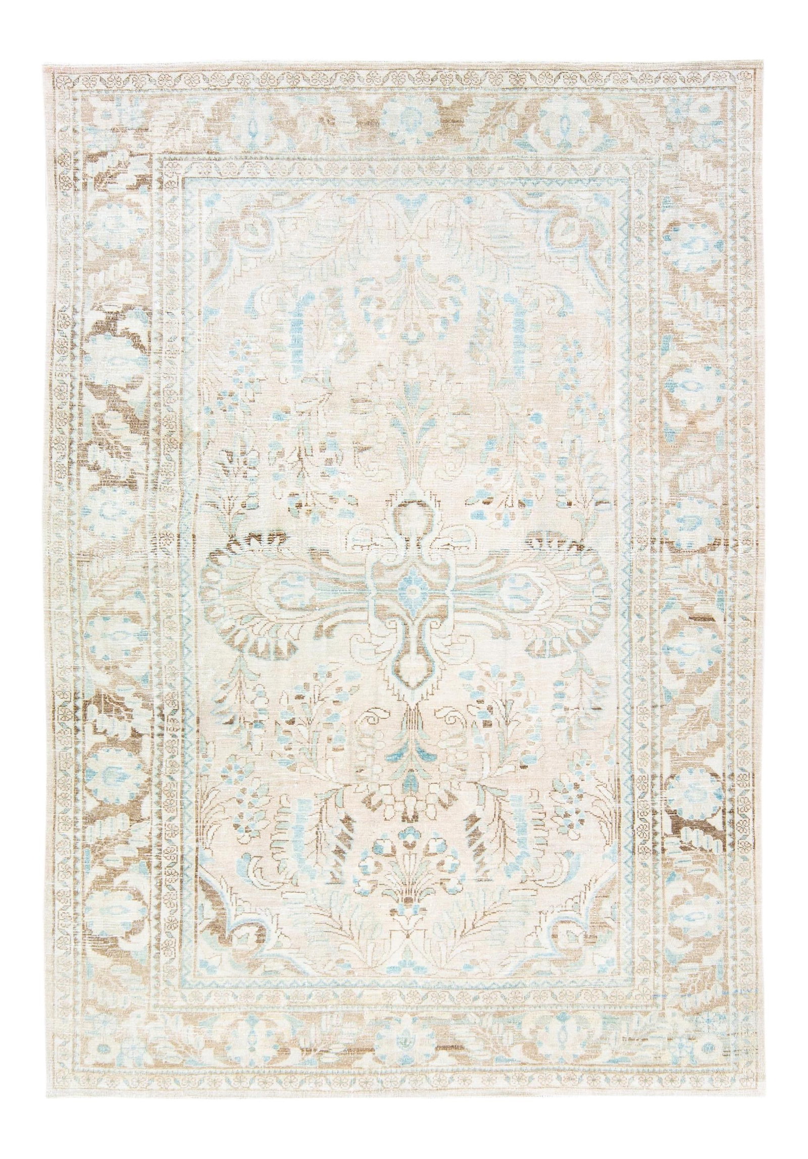 Antique Mahal Handmade Beige Wool Rug 7'1" x 10'2" Medallion Design: Antique Mahal Handmade Beige Wool Rug 7'1" x 10'2" Medallion Design This exquisite hand-knotted antique Mahal wool rug features a beautiful beige field adorned with a traditional medallion floral patt