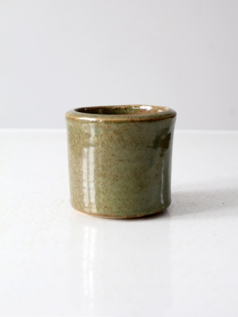 Signed Vintage Studio Pottery Cachepot Vase Olive Green Glaze (1 of 8)