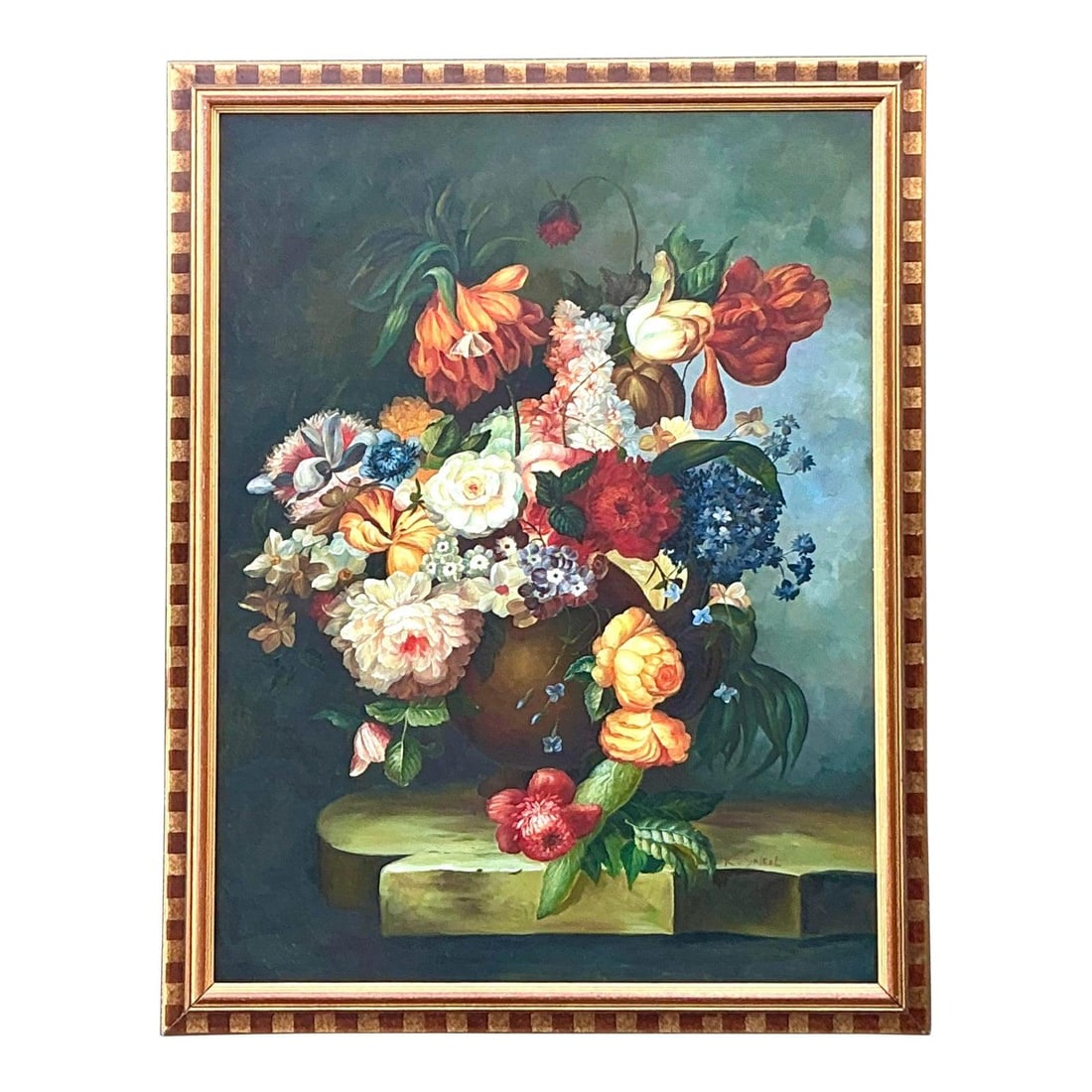 Monumental Botanical Oil on Canvas in Gilt Frame 41.5 x 53 Regency Style: Monumental Botanical Oil on Canvas in Gilt Frame 41.5 x 53 Regency Style This monumental oil painting on canvas is a striking homage to the Dutch Golden Age still life tradition. The composition featu