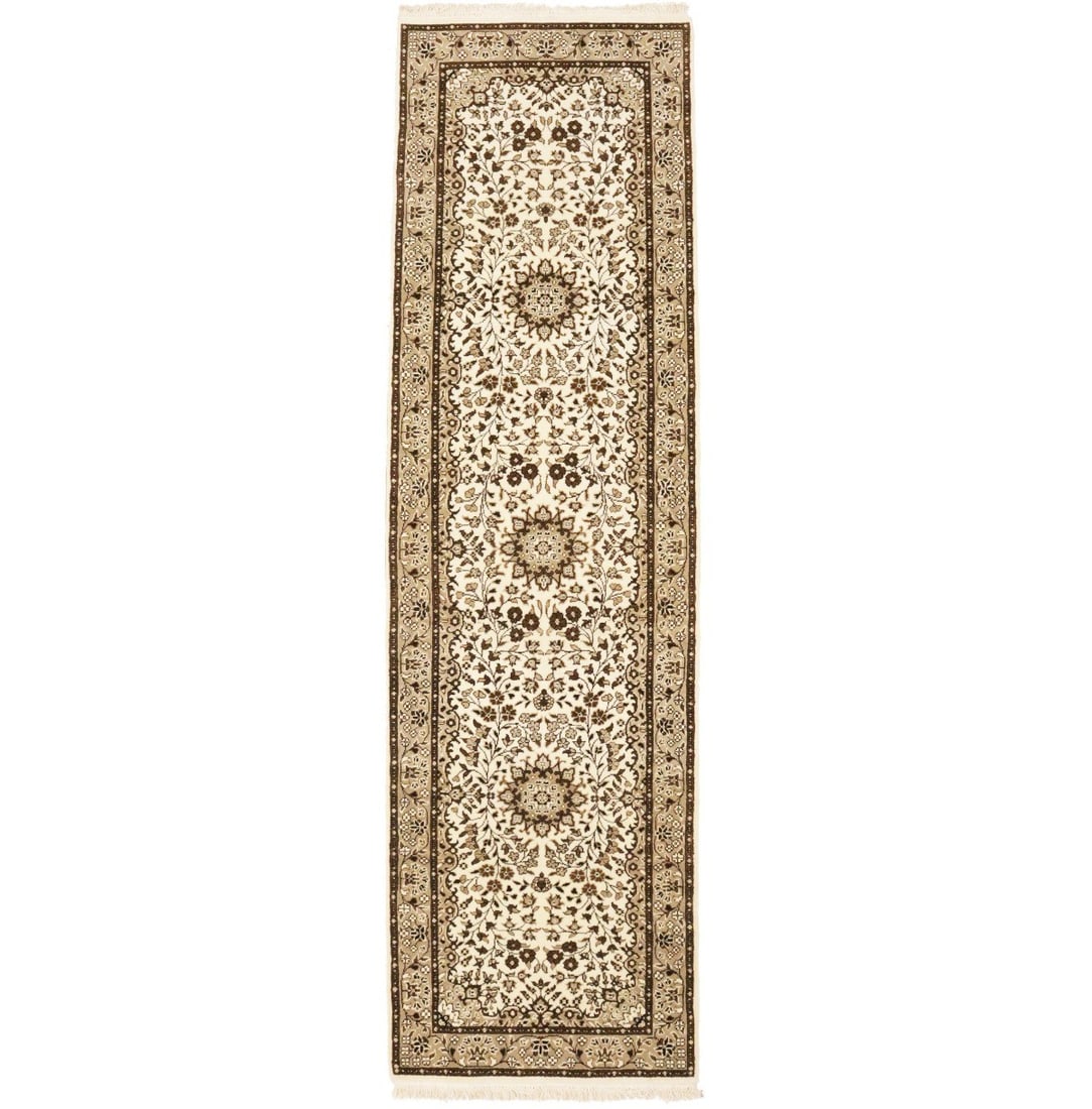 Handmade Floral Kirman Runner Rug Cream 2'7 x 9'3 Wool: Handmade Floral Kirman Runner Rug Cream 2'7 x 9'3 Wool Enhance your space with this Handmade Kirman Runner Rug, featuring a beautiful floral pattern in cream, beige, brown, and black tones. Crafted in