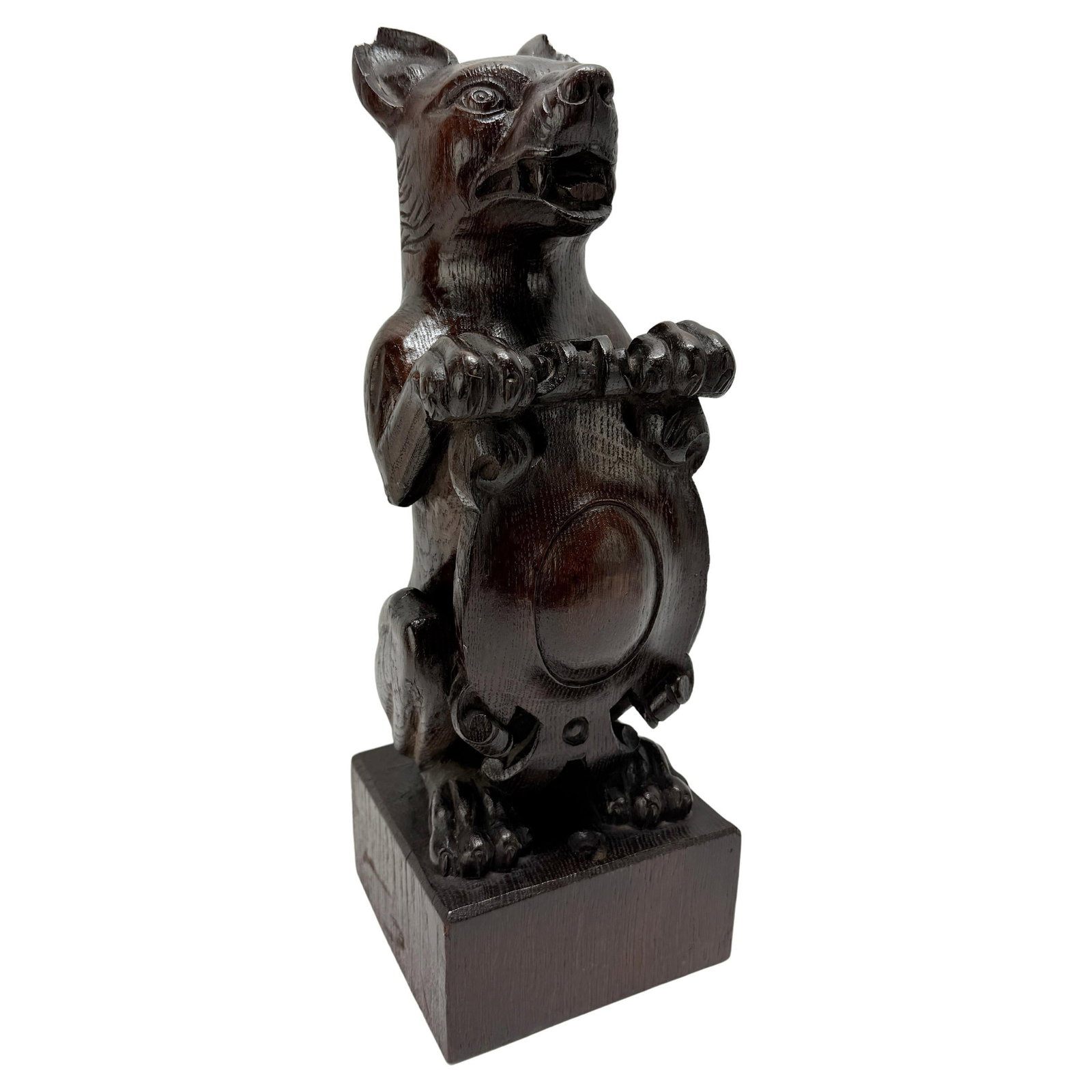 19th Century Black Forest Carved Oak Dog Finial with Shield (1 of 10)