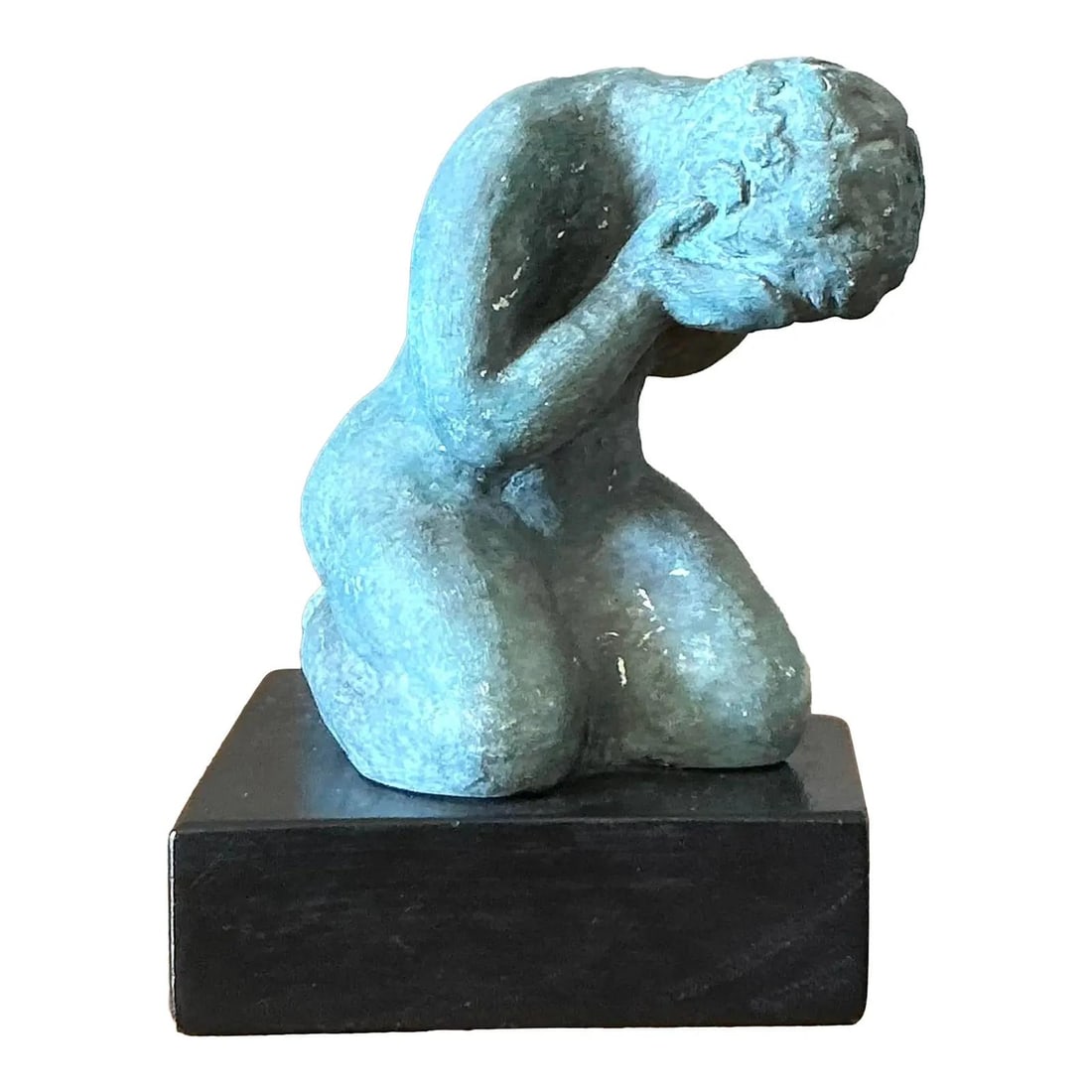 Abstract Patinated Plaster Female Figure Sculpture with Verdigris Finish on Base: Abstract Patinated Plaster Female Figure Sculpture with Verdigris Finish on Base This vintage abstract sculpture features a kneeling female form, skillfully crafted in plaster with an emphasis on soft