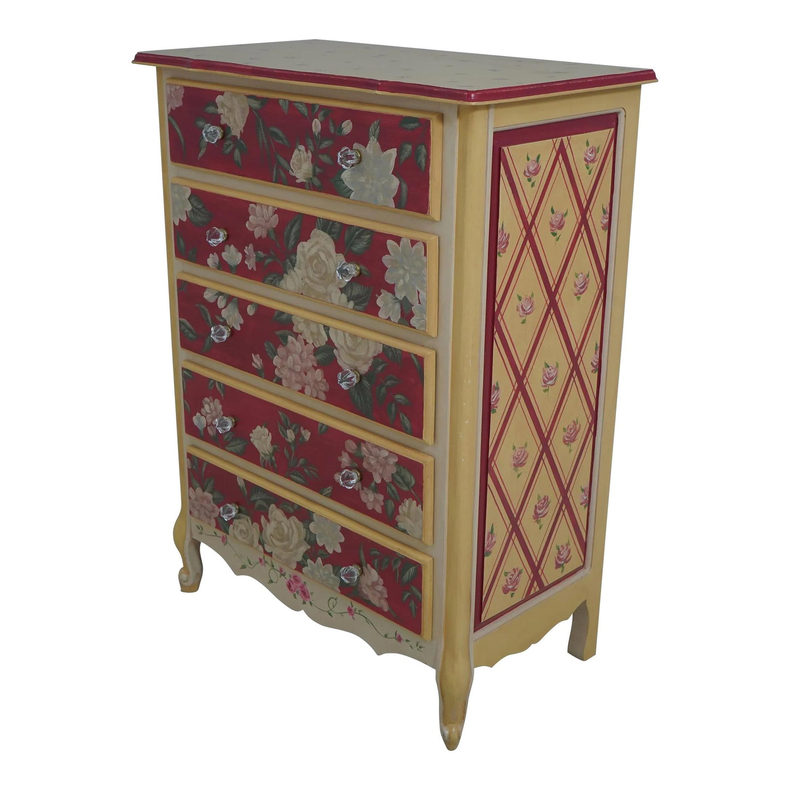 Vintage French Country Hand Painted High Chest of Drawers: Vintage French Country Hand Painted High Chest of Drawers This exquisite French Country Style High Chest of Drawers showcases a charming hand-painted finish in a lovely yellow hue. Crafted from wood,