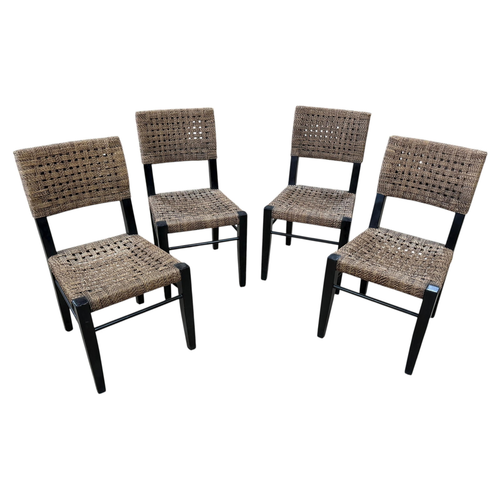 Set of Four Modern Blackened Pananawood and Seagrass Dining Chairs: Set of Four Modern Blackened Pananawood and Seagrass Dining Chairs This set of four dining chairs from the late 20th century features blackened pananawood frames paired with handwoven natural seagrass