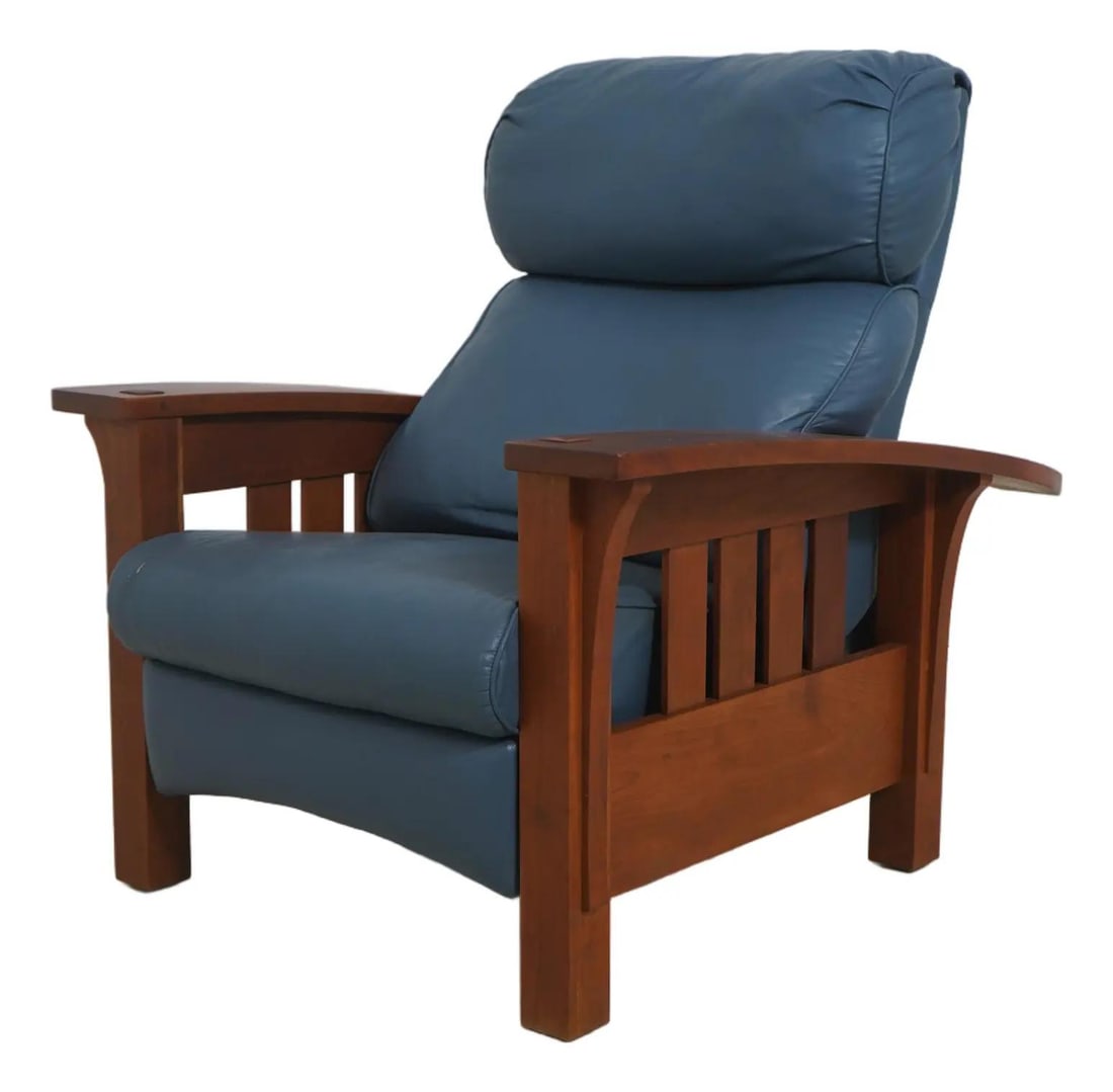 Mission Style Reclining Morris Chair in Cherry with Light Blue Leather: Mission Style Reclining Morris Chair in Cherry with Light Blue Leather This Stickley Morris chair showcases the Mission Arts & Crafts style, featuring high-quality construction with solid cherry wood