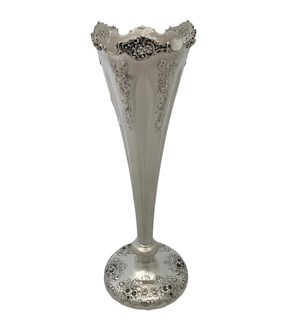 Antique Gorham 925 Sterling Silver Floral Trumpet Vase 18.25 Inches (1 of 5)